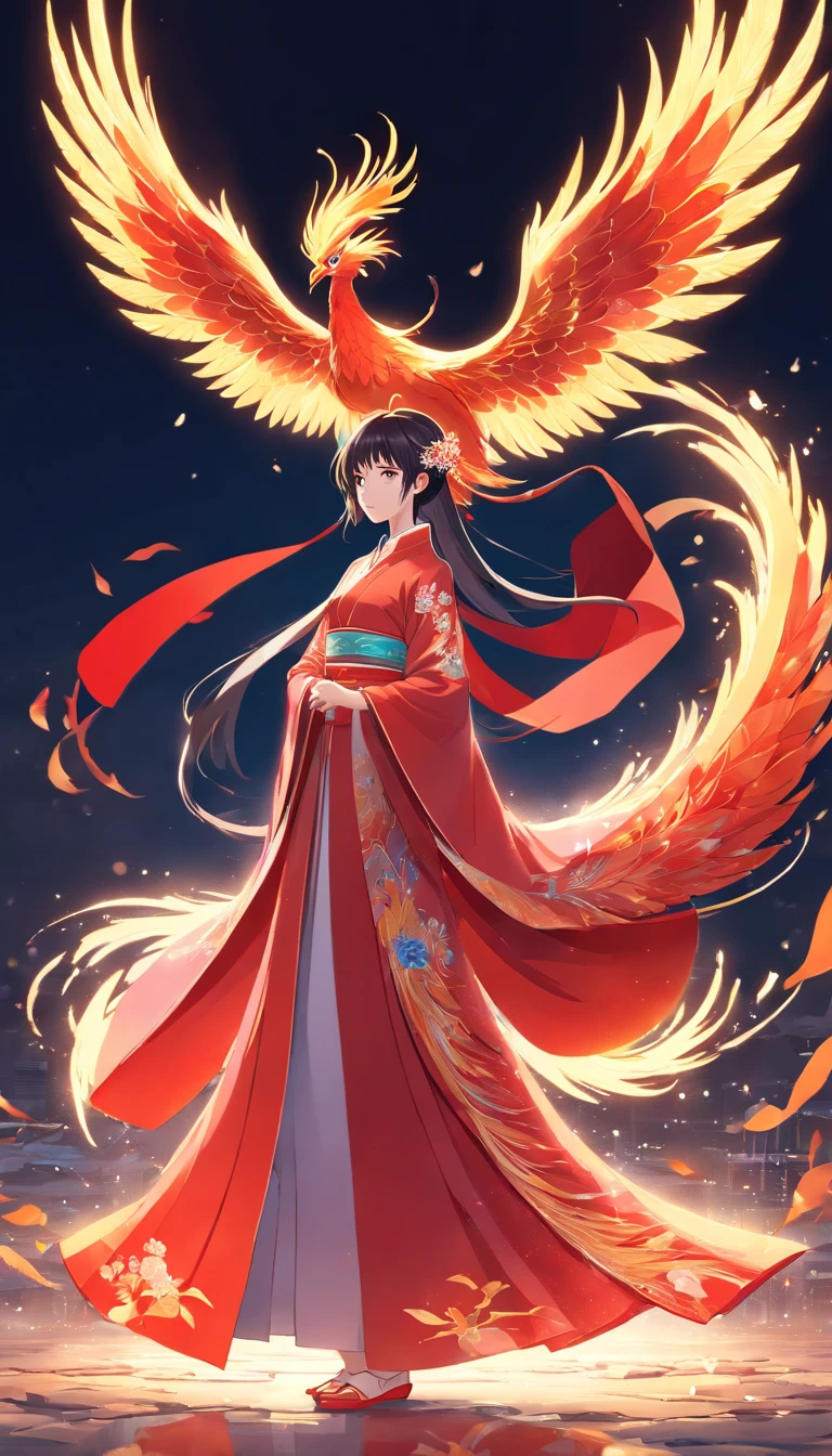 Stunning Chinese Hanfu wedding cloak embroidered with crystal translucent phoenix. The phoenix shines like a diamond. Phoenix comes back to life，Drag a two-meter skirt. It's beautiful, noble, Red, Magic, Octane Rendering, Surreal, Bright background