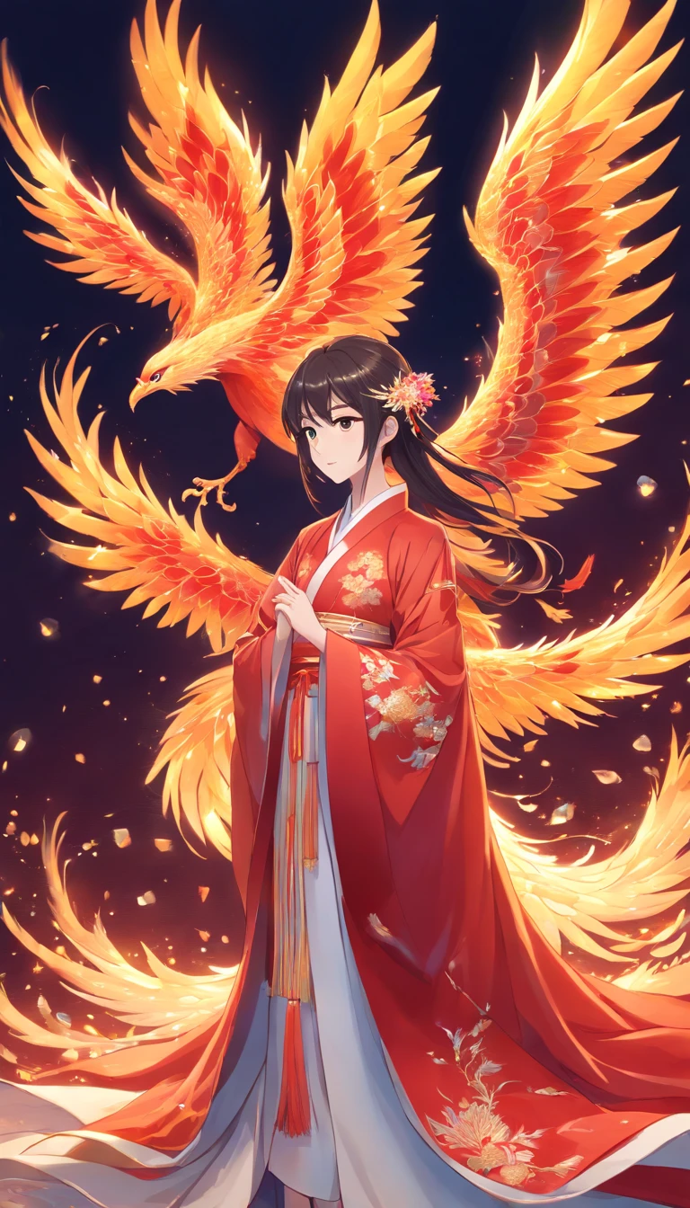 Stunning Chinese Hanfu wedding cloak embroidered with crystal translucent phoenix. The phoenix shines like a diamond. Phoenix comes back to life,Drag a two-meter skirt. It's beautiful, noble, Red, Magic, Octane Rendering, Surreal, Bright background