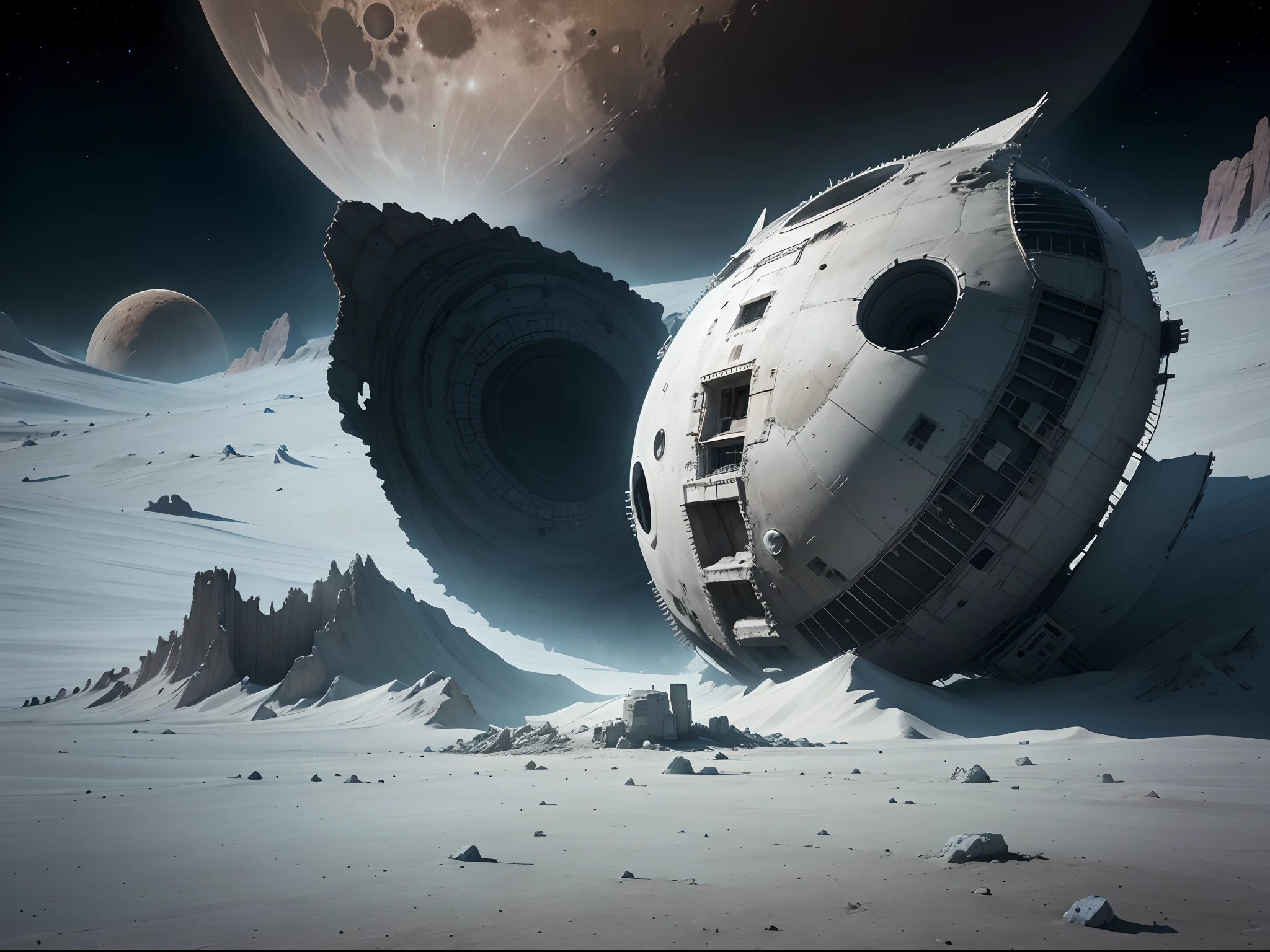 (8k, 16k, highest quality, photorealistic, raw photo, award winning, high resolution, high definition, masterpiece: 1.3), lunar base once built on the moon, ruins of lunar base, old lunar base, The first lunar base built on the moon, a decaying white colony that is considered the ruins of a future world, the future lunar surface, a well-developed lunar surface, a space city, a failure to migrate to the lunar surface, future tourist destinations, (far away) Visible Earth: 1.2), the latest spacecraft is landing near the colony,Doomsday punk style, cool color