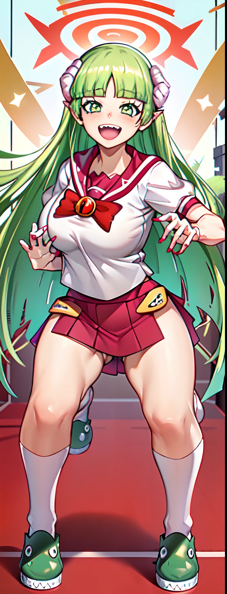 A girl, wearing an red skirt and white shcolar outfit with red parts; ((horns on head)), | green hair, very long hair, hair with bangs in front of the eyes, is looking at the viewer, (((action pose of squat+openpose+perfect hands+canny pose))) on an empty sports court with floor green and white lines, | ((full body): 1.5) 16K, UHD, maximum quality, maximum resolution, ultra-realistic, ultra-detailed, ((perfect_hands):1), Goodhands-beta2, ((VClara)), squat pose, big breasts, huge butt,