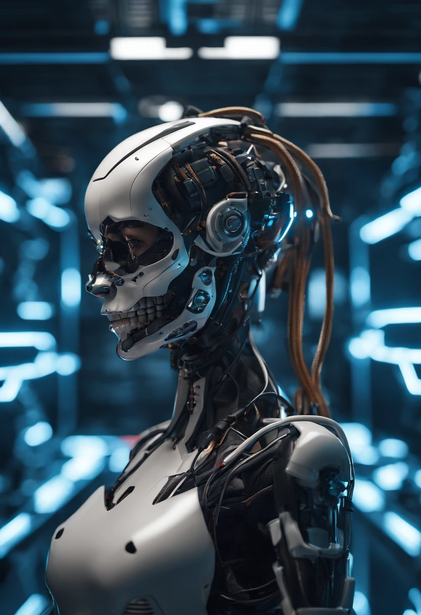 Cyborg Woman, (((Half Female Face, Half Robot Skull))), (((Flesh-colored skin))), Electronic Systems On-Head Humanoids, Detailed Brain in Sight, Detailed connection wire, mechanical limbs, tubes connected to the mechanical parts, mechanical vertebrae attached to the spine, mechanical cervical attachment to the neck, wires and cables connecting to the head, (((Led on a surgical Bed))), (((Cables Connecting to Monitors))), (((machine installing parts to the head))) | Biopunk | Cybernetics | Cyberpunk | | Canon M50| 100mm| Sharp Focus | Hyperrealism | Very detailed| Intricate Details | Full Body View, small glowing LED lamps, Bright Red Neon Highlights, global lighting, deep shadows, Octane Rendering, 8K, Ultra Sharp, Metal, Intricate Ornament Details, baroque details, Very intricate details, realistic light, CGSoation trend, facing the camera, neon details, (android manufactory in background)