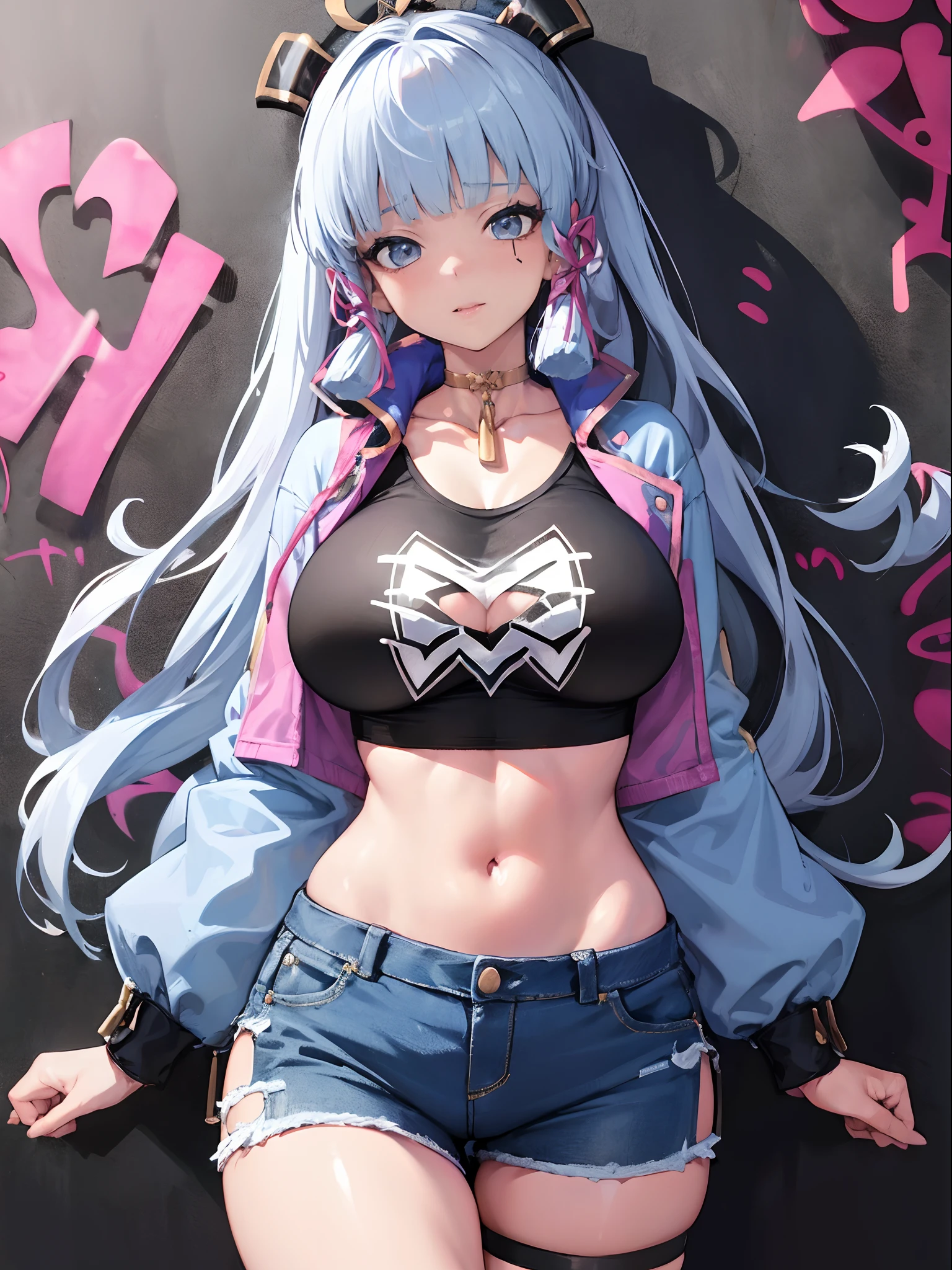 kamisato ayaka|genshin impact, master-piece, bestquality, 1girls,25 years old, proportional body, elongated legs, Beautiful, proportional., crop top, Long Jeans, gigantic breasts, ,bara, crop top, choker, (Graffiti:1.5), Splash with purple lightning pattern., arm behind back, against wall, View viewers from the front., Thigh strap, Head tilt, bored,