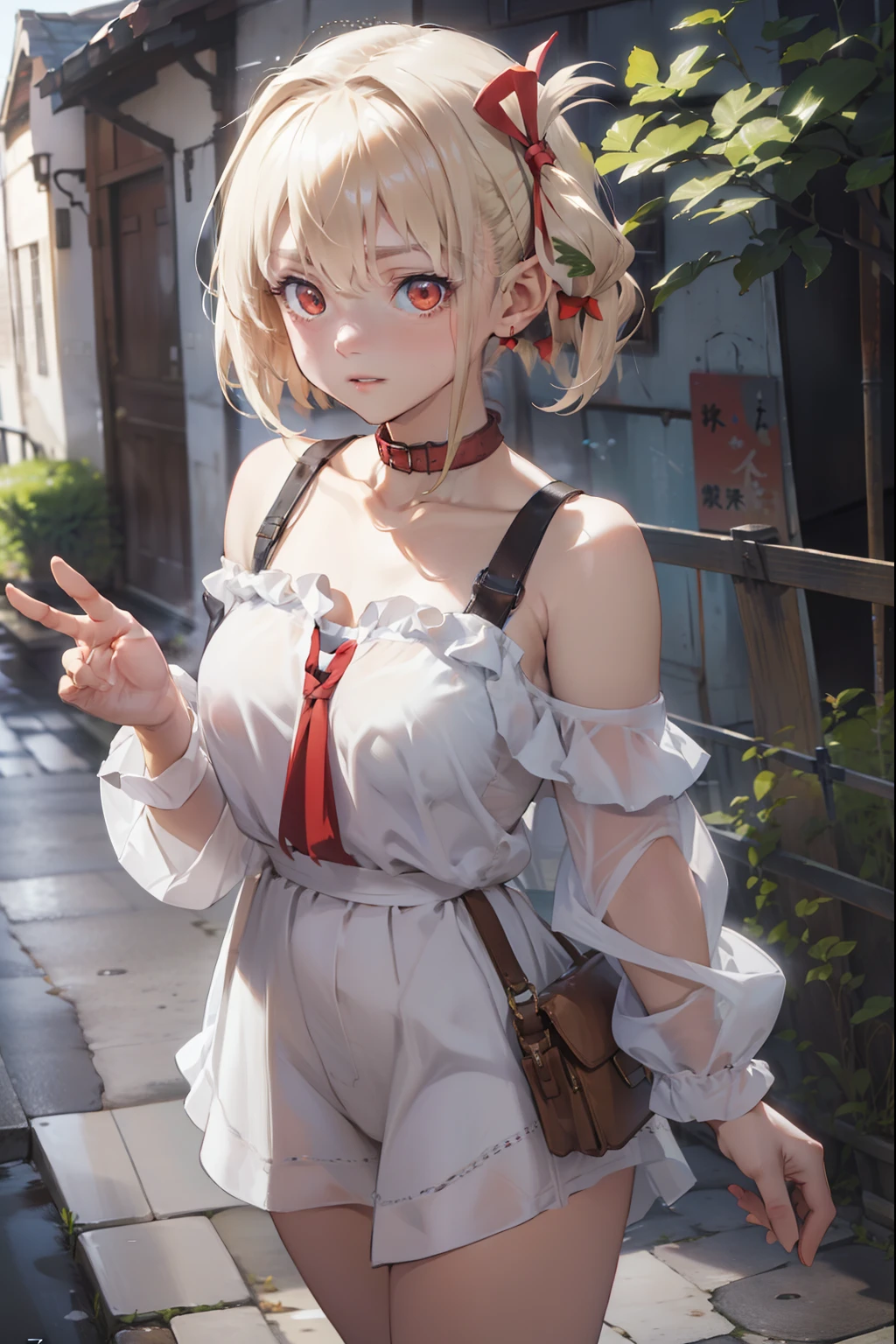 chisatonishikigi, nishikigi chisato, short hair, bangs, blonde hair, (red eyes:1.5), hair ribbon, one side up, bob cut,
BREAK shirt, bare shoulders, twintails, collarbone, hair ribbon, white shirt, frills, off shoulder, red ribbon, short twintails, off-shoulder shirt, frilled shirt,
BREAK outdoors, city,
BREAK looking at viewer, BREAK (masterpiece:1.2), best quality, high resolution, unity 8k wallpaper, (illustration:0.8), (beautiful detailed eyes:1.6), extremely detailed face, perfect lighting, extremely detailed CG, (perfect hands, perfect anatomy),