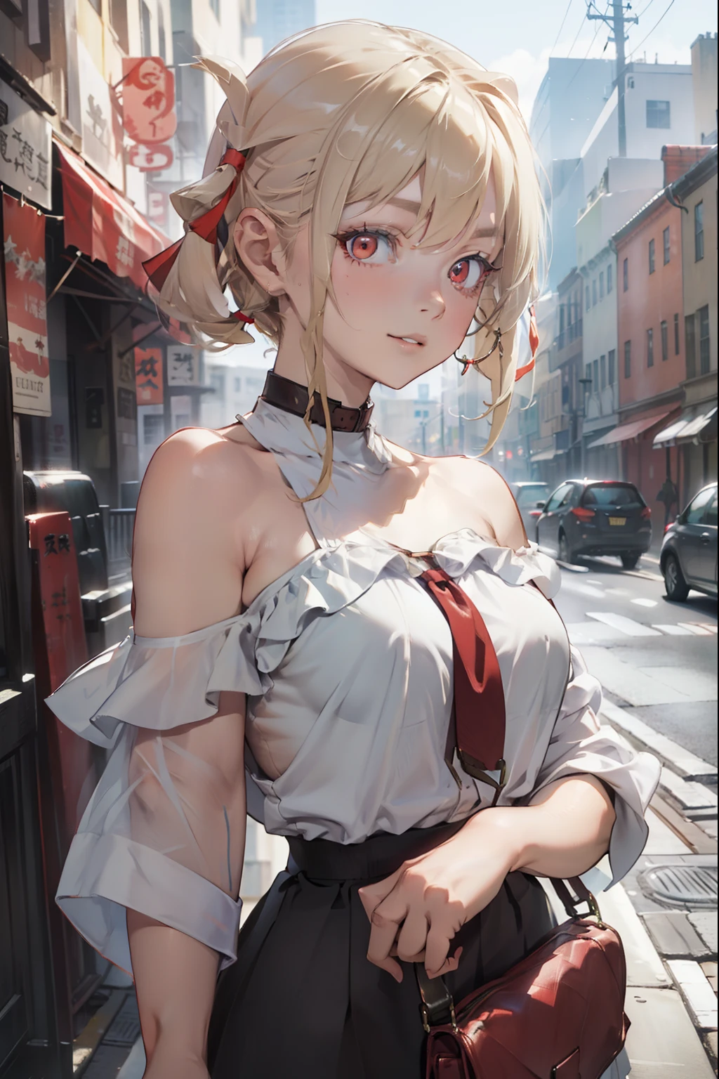 chisatonishikigi, nishikigi chisato, short hair, bangs, blonde hair, (red eyes:1.5), hair ribbon, one side up, bob cut,
BREAK shirt, bare shoulders, twintails, collarbone, hair ribbon, white shirt, frills, off shoulder, red ribbon, short twintails, off-shoulder shirt, frilled shirt,
BREAK outdoors, city,
BREAK looking at viewer, BREAK (masterpiece:1.2), best quality, high resolution, unity 8k wallpaper, (illustration:0.8), (beautiful detailed eyes:1.6), extremely detailed face, perfect lighting, extremely detailed CG, (perfect hands, perfect anatomy),