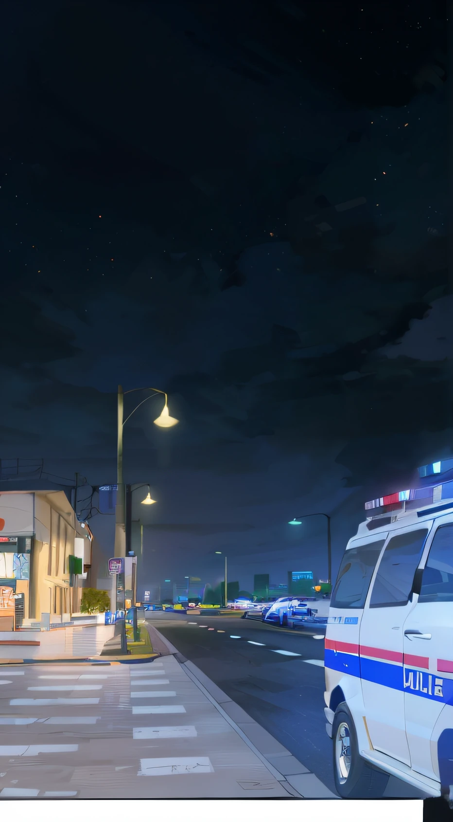 A police car was parked on the side of the road, calm evening. Anime background art, city street view background,