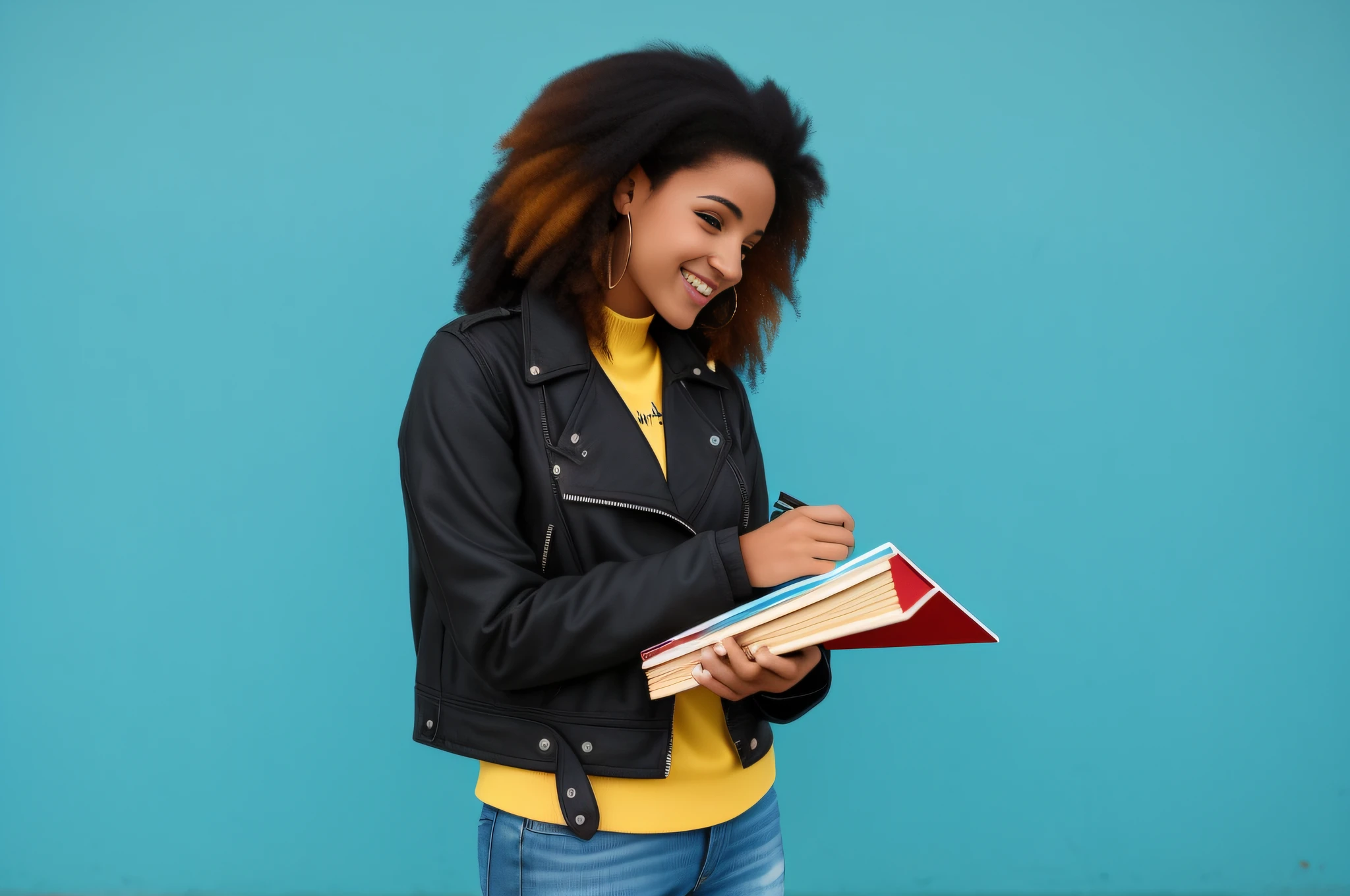 uma mulher de jaqueta preta segurando uma pilha de livros, segurando notebook, foto de uma modelo, sorrindo, smile. foto da mulher jovem, estudante de arte, imagem promocional, Directed by: José Maria Vien, segurando um livro, Mulher jovem afro-americana, Desenhar imagens num bloco de notas, writing in journal, holding books, imagem promocional, advertising photo, vibrant and vivid