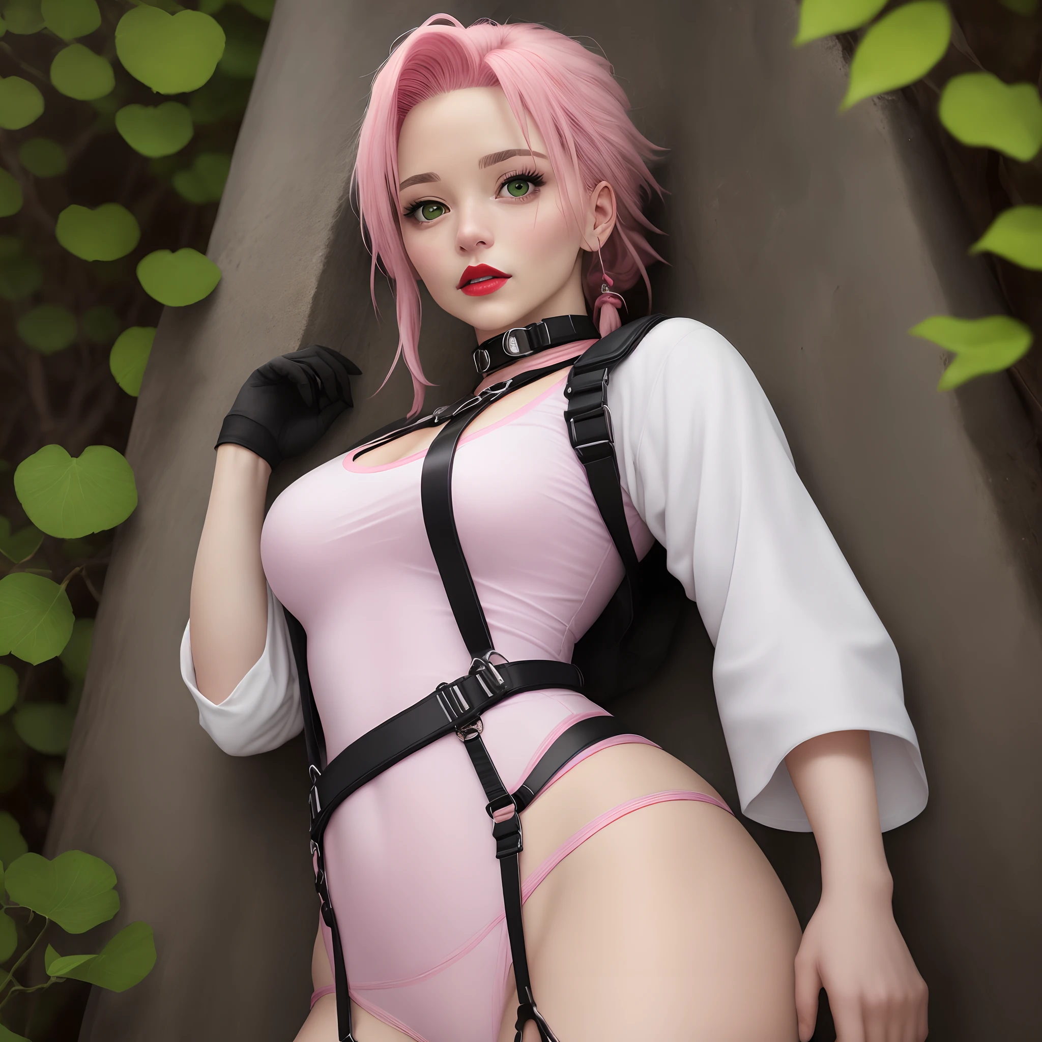 Sakura Haruno. Una mujer estaba afuera en medio de la noche. Sus manos estaban frente a su pecho apretado. Fue visto vistiendo una camisa negra larga y lisa con un chaleco verde oscuro.. He stared at the camera. With pink hair that looks swollen and uneven at the end of the harness. Su piel era tan blanca como la nieve. Con sus mejillas sonrosadas. And her little bright red lips. Ella se ve tan firmemente hermosa y realista