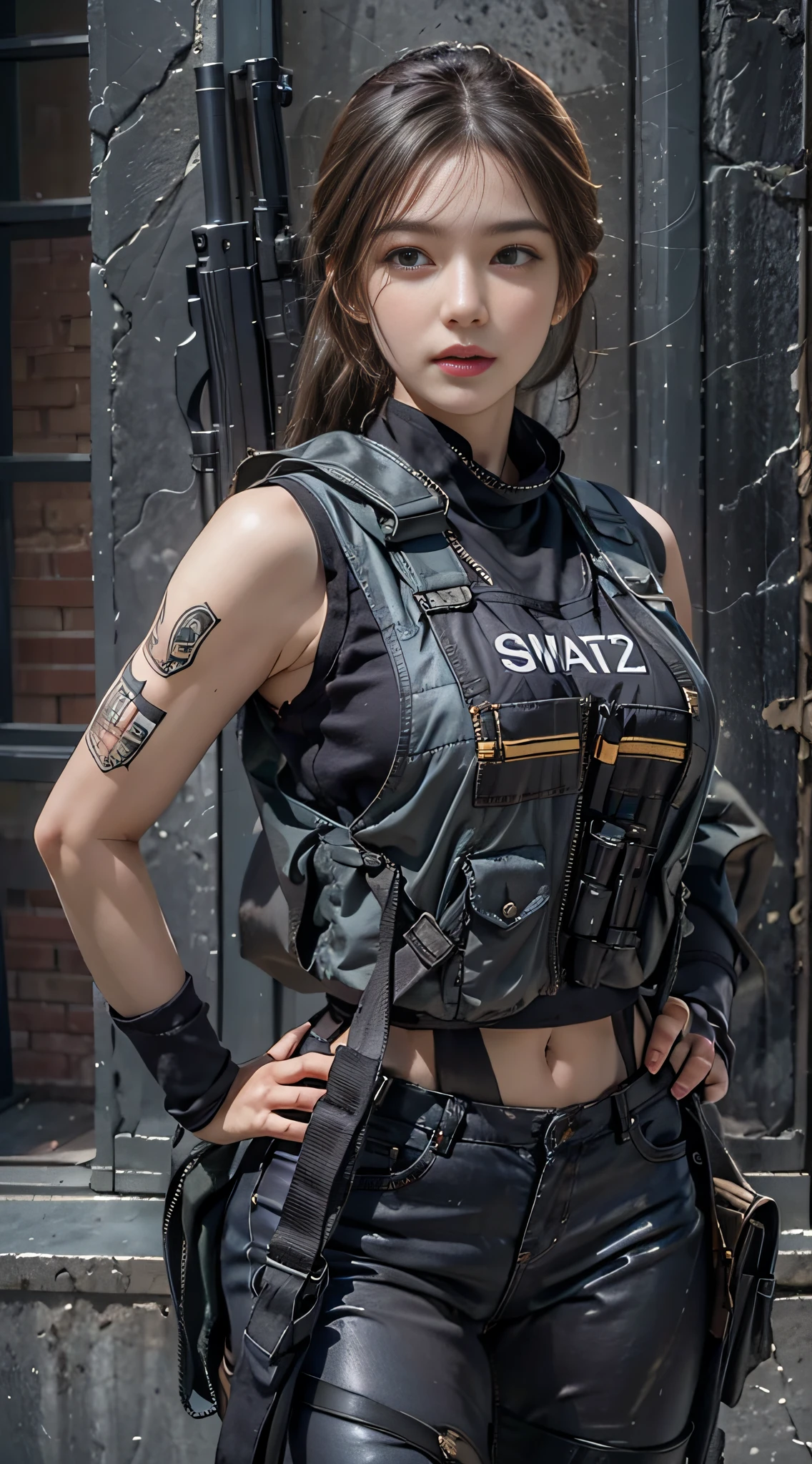 Photorealistic, high resolution, 1woman, Solo, Hips up, view the viewer, (Detailed face), SWAT vests, Gun, jewelry