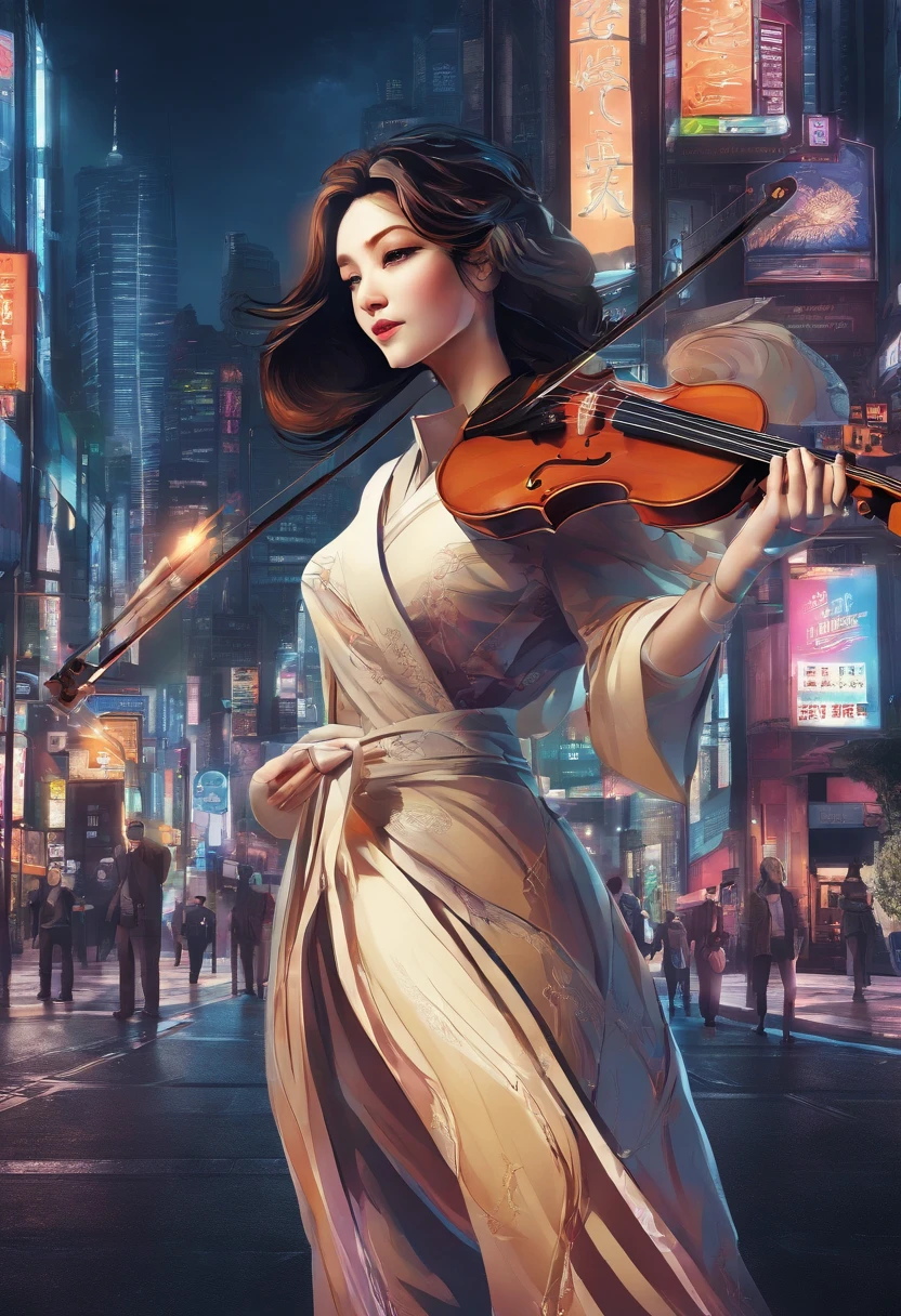 a traditional woman playing violin in the middle of a tokyo street, night city , futuristic, cyberpunk, elegant beauty ,