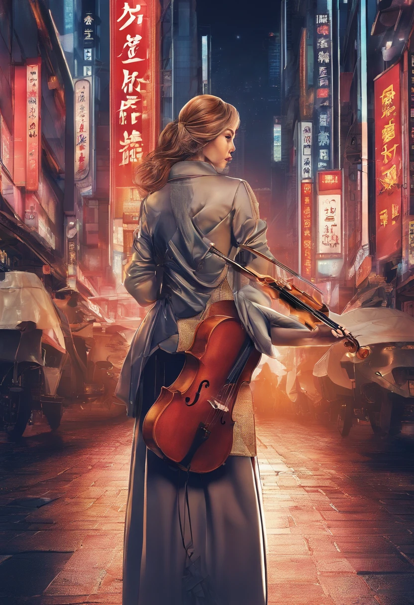 a traditional woman playing violin in the middle of a tokyo street, night city , futuristic, cyberpunk, elegant beauty ,