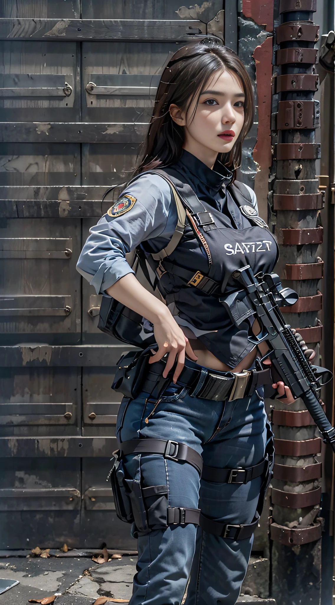 Photorealistic, high resolution, 1woman, Solo, Hips up, view the viewer, (Detailed face), SWAT vests, Gun, jewelry