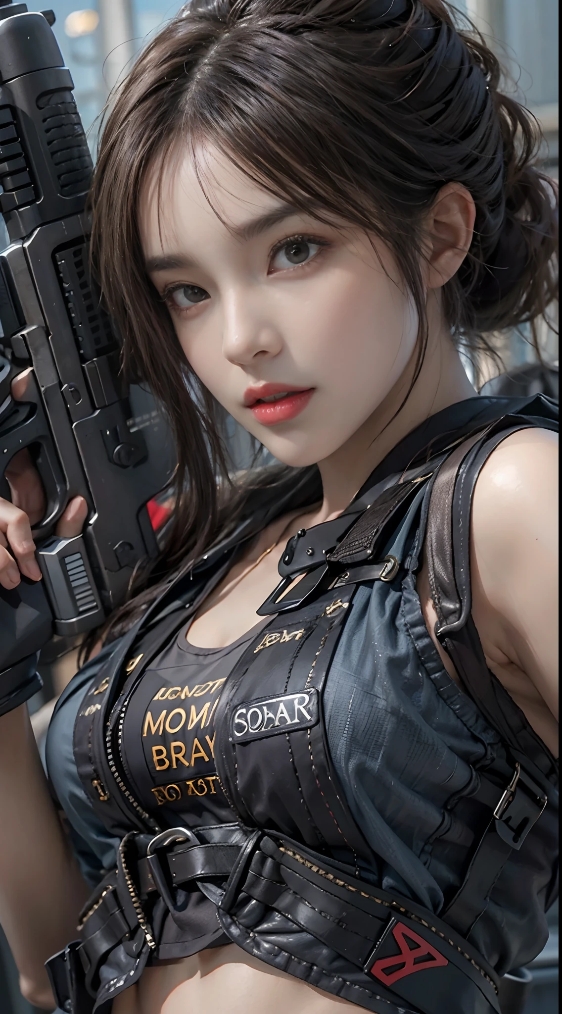 Photorealistic, high resolution, 1woman, Solo, sexy, Hips up, view the viewer, (Detailed face), SWAT vests, Gun, jewelry