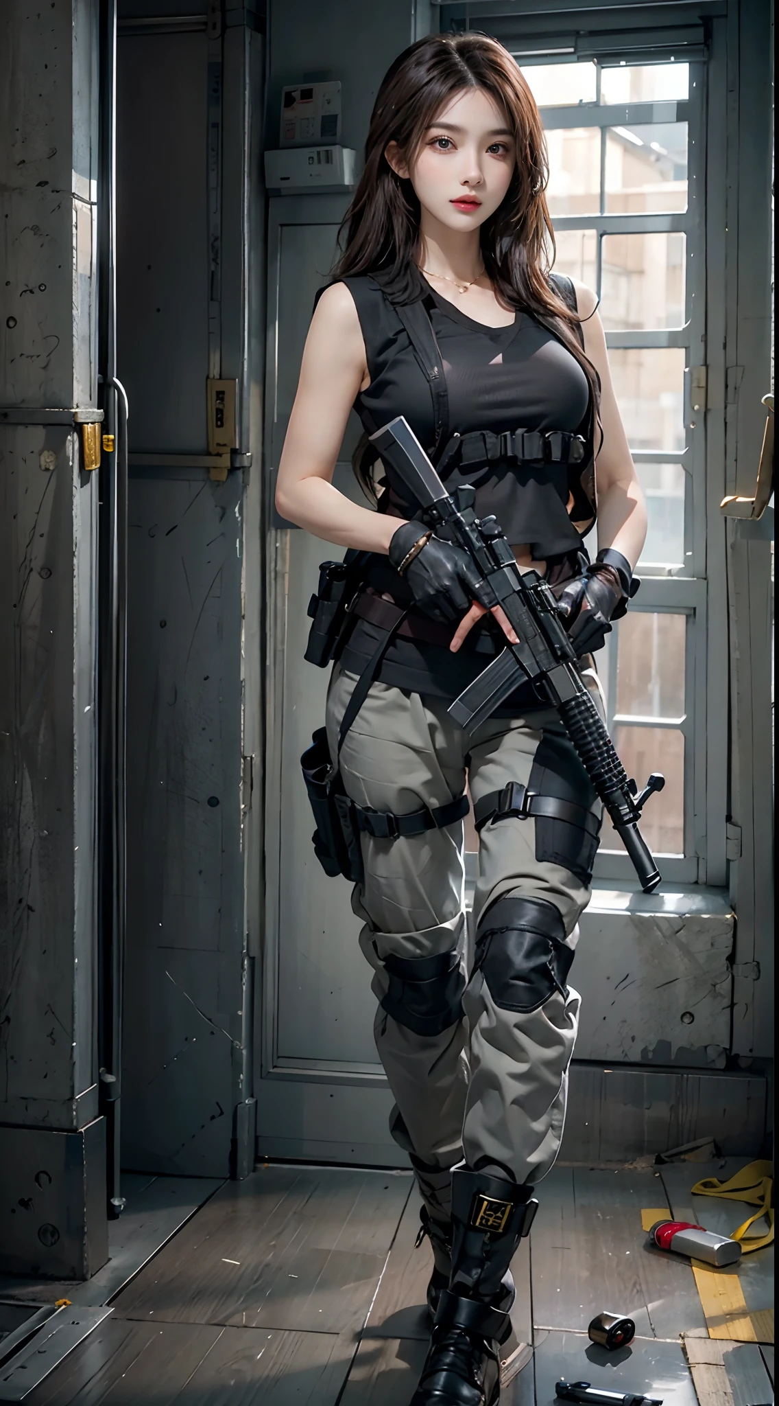 Photorealistic, high resolution, 1woman, Solo, sexy, Hips up, view the viewer, (Detailed face), SWAT vests, Gun, jewelry,