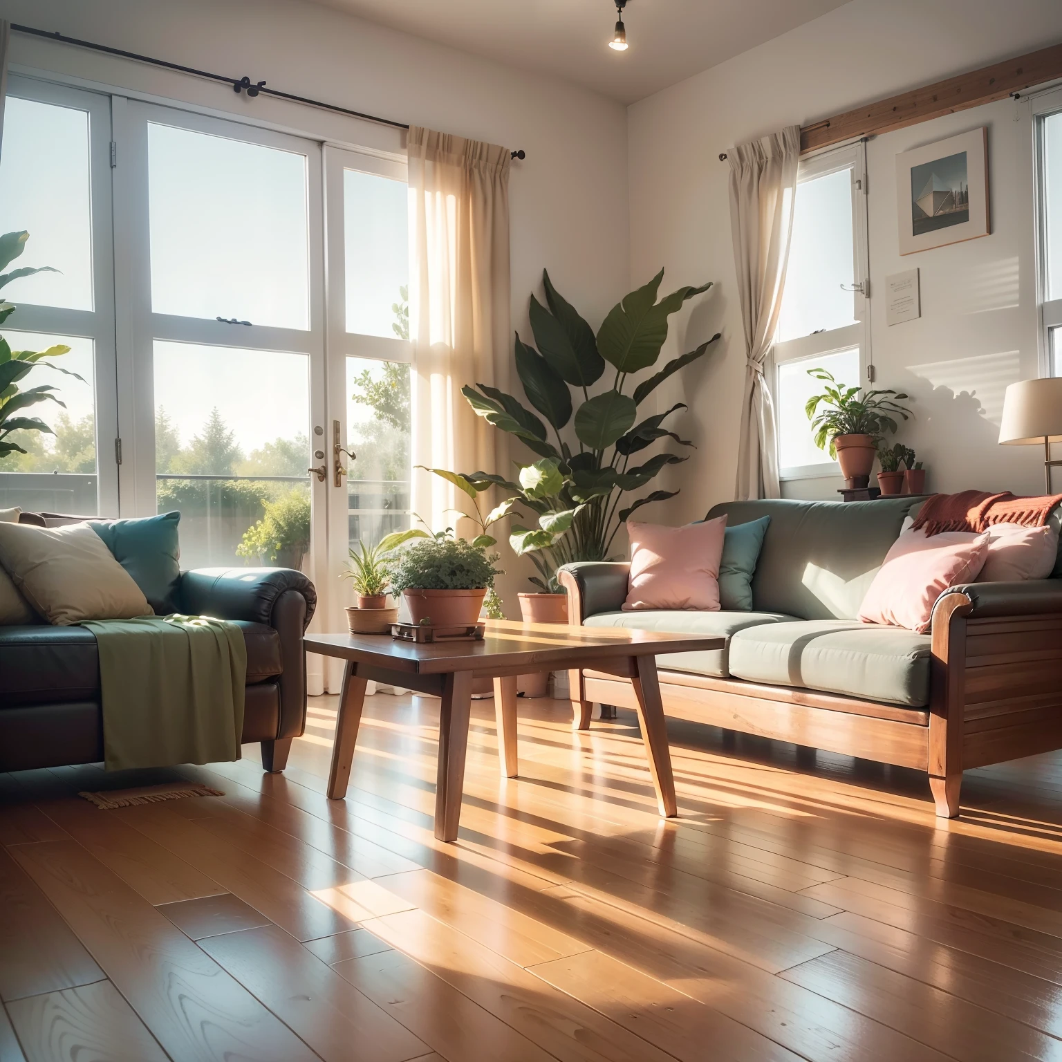 Living room with brown wooden furniture, open windows with curtains, tables with potted plants, shadows, afternoon light, wooden plank floor floor, super realistic, 8k