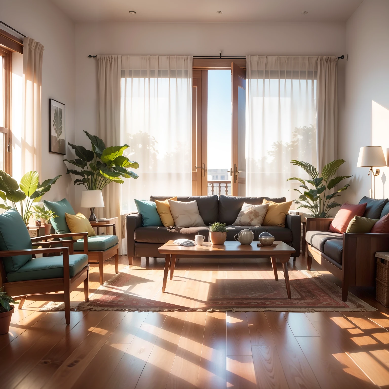 Living room with brown wooden furniture, open windows with curtains, tables with potted plants, shadows, afternoon light, wooden plank floor floor, super realistic, 8k