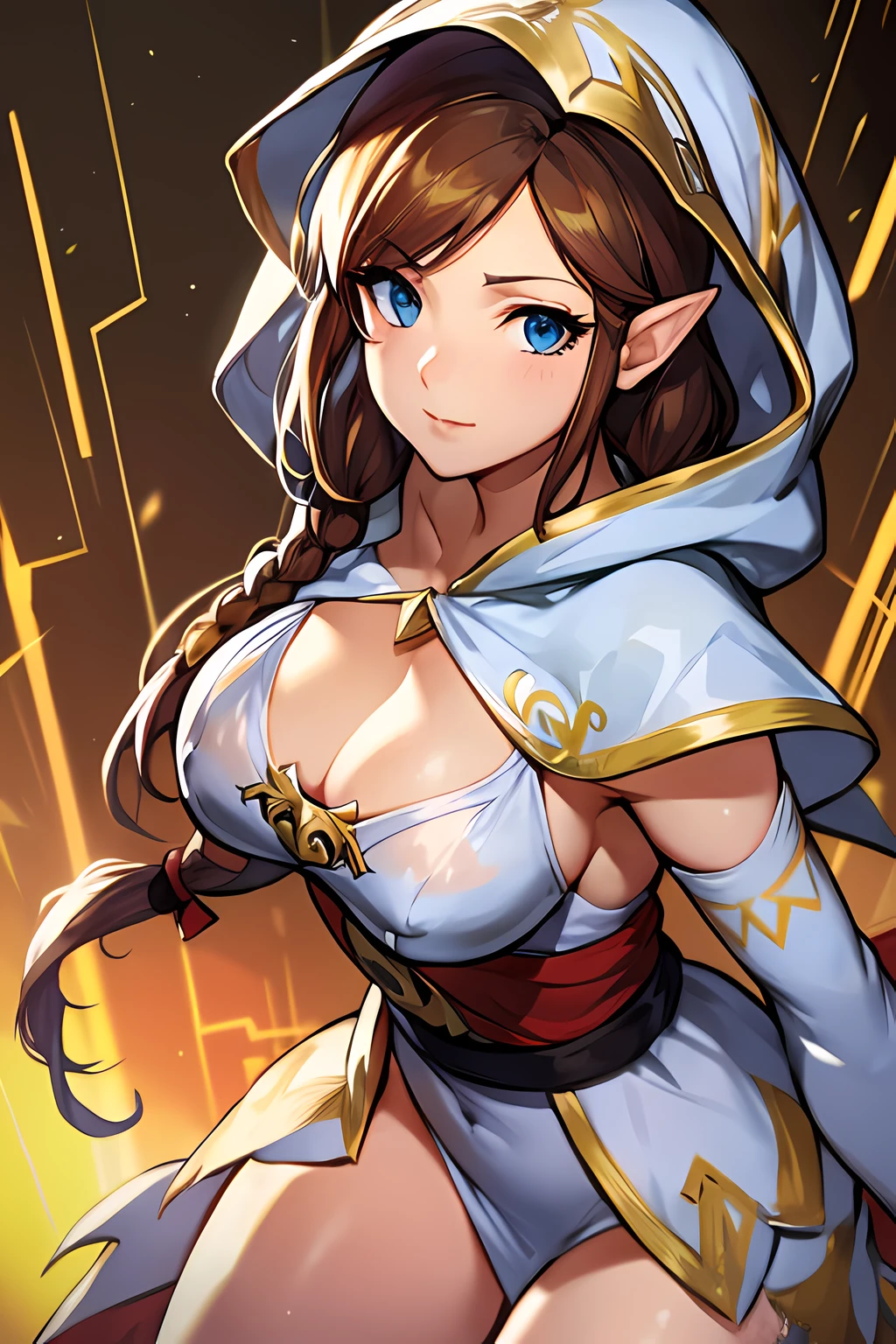 Full body shot of Princess Zelda, Brown hair, Blue eyes, Dress up《assassins creed》The assassin is in , In white+Gold with white mask and hood with gold details, Oversized bust, Use a wrist blade. Background: Renaissance city. Unreal Engine 5, anime big breast, Anime style, Masterpiece, Well drawn eyes, Carefully drawn face, A detailed eye, well detailed face, 8K, light and shadow effect.