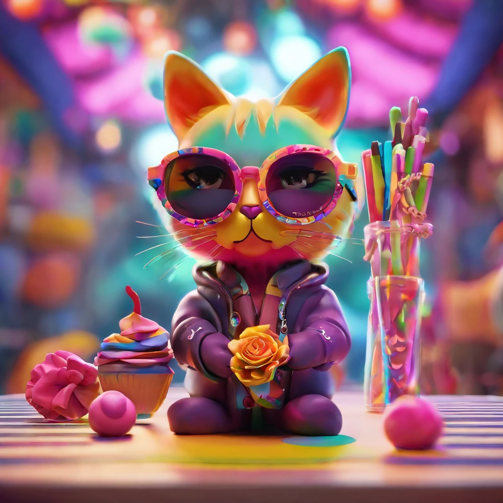 In a whimsical kawaii cafe, Kitten Fluffy, crafted from highly detailed curling, thin glowing multi-colored smoke, dons a rose flower hoodie and fancy funny stylish giant shiny sunglasses. Against a backdrop of vibrant neon typography spelling VIKUSIA, FAINOHO DNIA, capture its enchantment in a digital art masterpiece. Incorporate volumetric 3D rendering, Octane render, and vibrant graffiti elements to create a fantasy illustration that showcases its fashion-forward style. Make it pop with a poster-worthy 3D render that embraces the essence of this captivating character ((stunningly tantalizing view)). 3D, highly detailed, sharp focus, 8K, ultra quality, UHD, crystal clear, bokeh. Black magic Pocket Cinema Camera 6K Pro with Sigma 18-35mm f/1.8 DC HSM Art lens Canon EOS 5D Mark IV camera with a Canon EF 24-70mm f/2.8L II USM lens --ar 9:16 --v 5.2 --s 750, architecture, vibrant, wildlife photography, portrait photography, fashion, cinematic, typography, 3d render, poster, photo