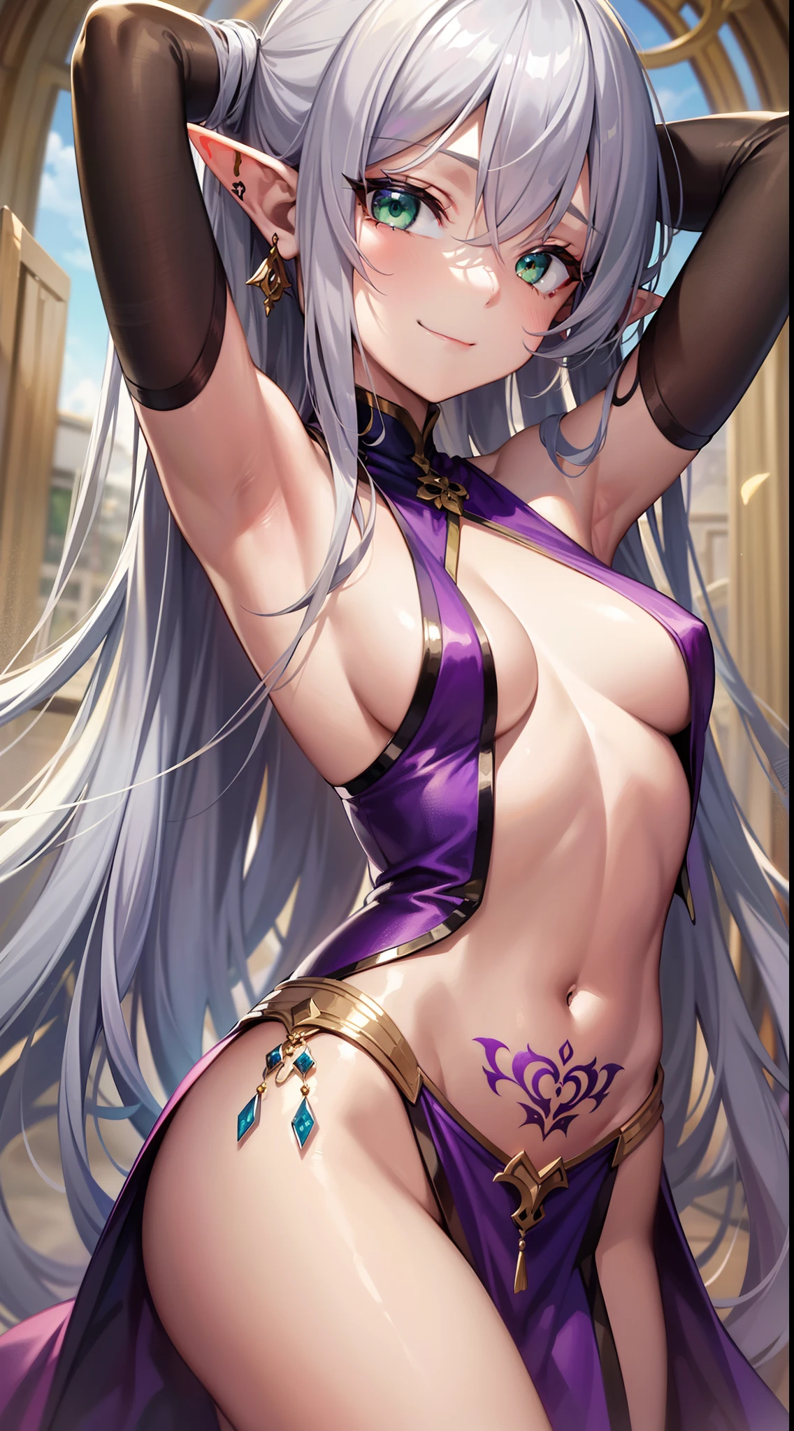 young girl, long gray hair, elf ears, Green eyes, smirk, tattoo, purple dress, Gold Elements, Sexy, Sleeveless, open breasts, flat chest, open belly, feet shoulder-width apart, hands behind head, Masterpiece, hiquality, 4k, HD, Good detail