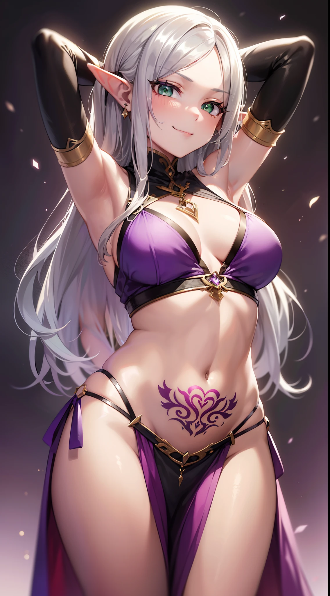 young girl, long gray hair, elf ears, Green eyes, smirk, tattoo, purple dress, Gold Elements, Sexy, Sleeveless, open breasts, flat chest, open belly, feet shoulder-width apart, hands behind head, Masterpiece, hiquality, 4k, HD, Good detail