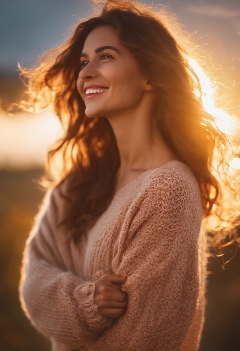 a girl, cosy sweater on, upper body, (huge Laughing:1.1), (open mouth:1.1), (wide open eyes:1.2), sun glare, bokeh, depth of field, blurry background, light particles, strong wind, (heart particles:1.1)
