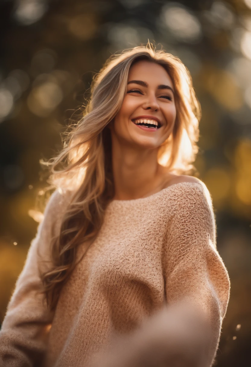 a girl, cosy sweater on, upper body, (huge Laughing:1.1), (open mouth:1.1), (wide open eyes:1.2), sun glare, bokeh, depth of field, blurry background, light particles, strong wind, (heart particles:1.1)