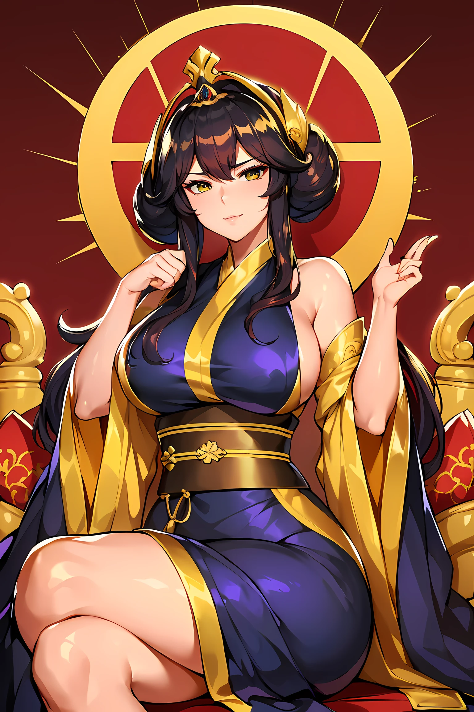 (Perfect details: 1.5, 8K wallpaper, Masterpiece, Best quality, Ultra-detailed) A woman, Emperor, Delicate facial features, Asian face, cabelos preto e longos, Fine hair, hair tying, Gold silk embroidered dragon robe, Hanfu, sitting on a dragon chair, Hands on the head, palace background, Kuching Imperial Crown