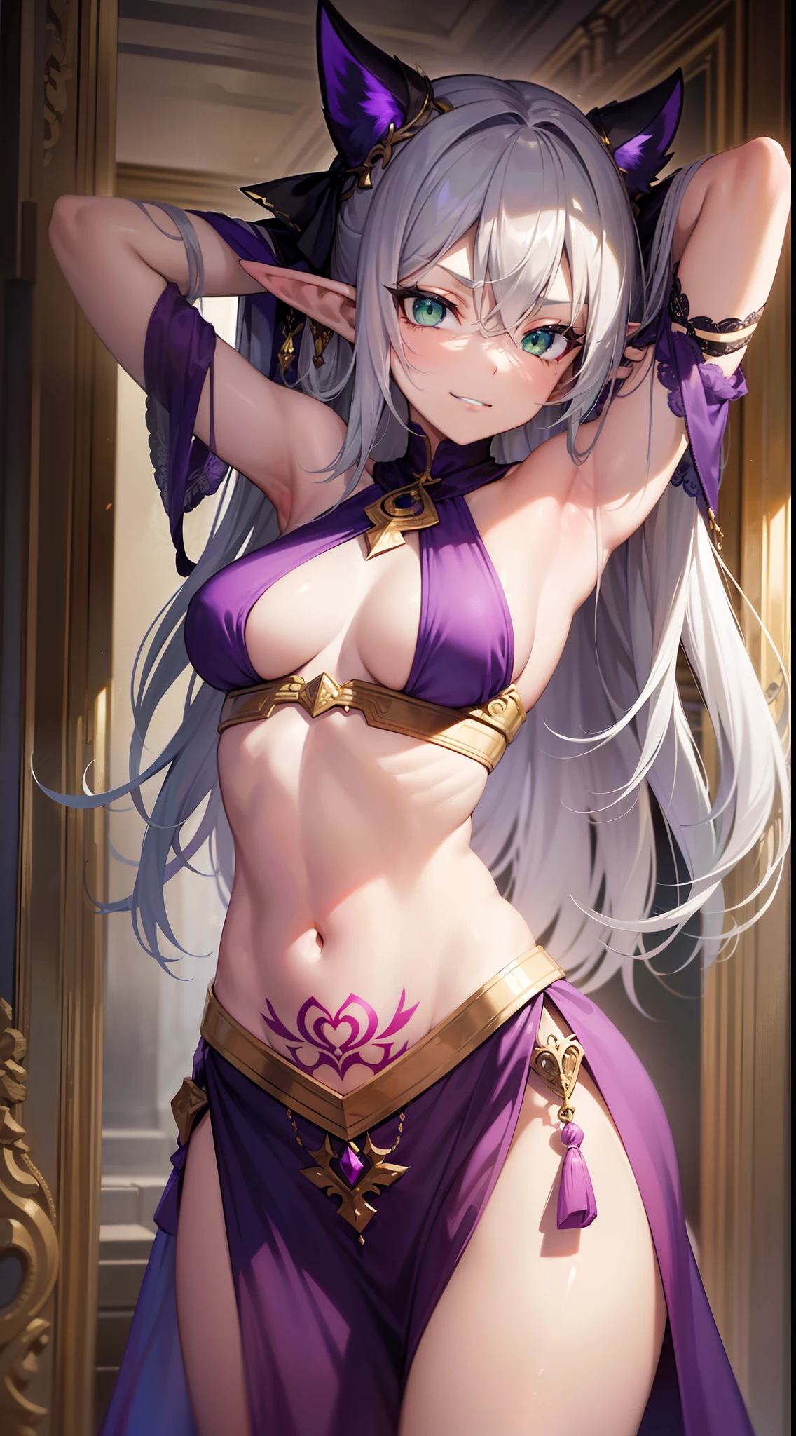 young girl, long gray hair, elf ears, Green eyes, smirk, tattoo, purple dress, Gold Elements, Sexy, Sleeveless, open breasts, flat chest, open belly, feet shoulder-width apart, hands behind head, Masterpiece, hiquality, 4k, HD, Good detail