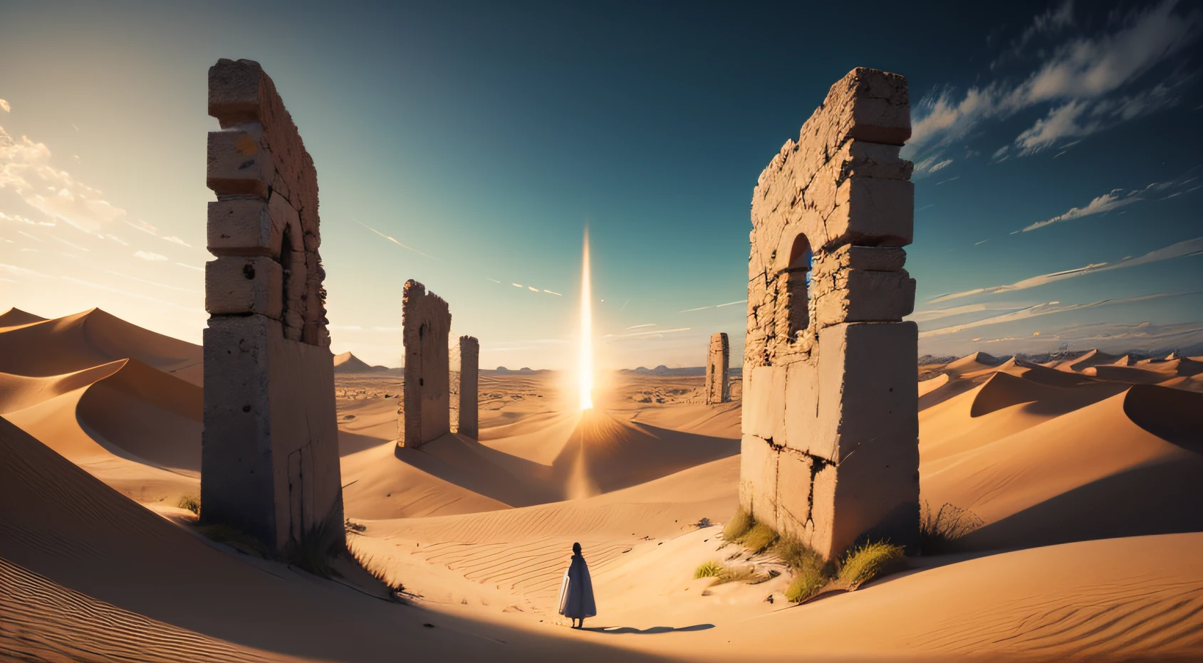 (Apostles:1.1),(biblical art),detailed illustration of the desert landscape,Jesus Christ in a serene and divine pose,emphasize the expression and gaze of Jesus,expectation and enlightenment, Messiah's aura radiating powerful light,ancient papyrus scrolls,weathered texture,aged and delicate, vibrant colors with earthy tones and golden accents,sand dunes stretching to the horizon,summoning a sense of vastness, mythical creatures lurking in the distance,unexplored ruins of ancient civilizations,breathing life into the ancient world,mesmerizing play of light and shadow,creating a mystical and captivating atmosphere.