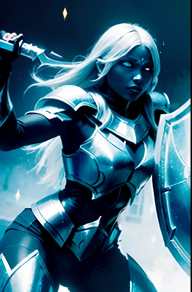 A beautiful athletic paladin female drow(dark elf), ((using her shield to strike at her foe in a upward move:1.4)), strong hit blood gushing, sword in the other hand, very dynamic pose, fit muscular ripped body, black skin like coal, glowing red eyes, wearing a full leather armor, fighting stance, underdark fantasy art, background of Menzoberanzann, cinematic lighting, highly detailled, best quality, masterpiece, 8k