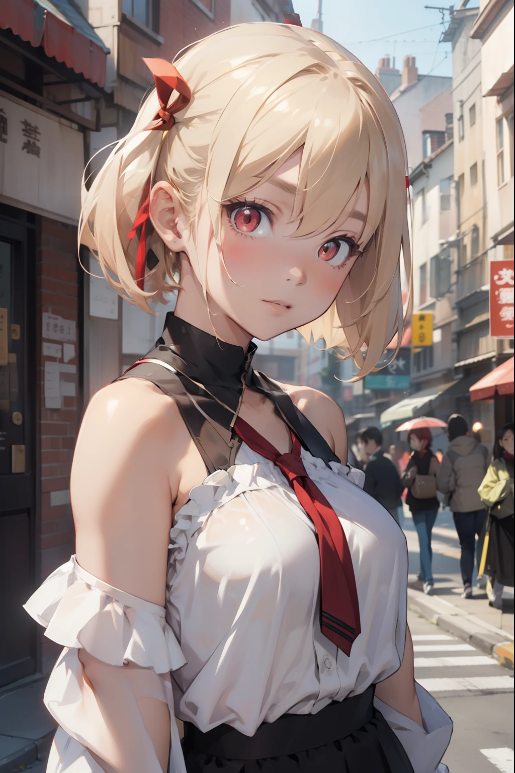 chisatonishikigi, nishikigi chisato, short hair, bangs, blonde hair, (red eyes:1.5), hair ribbon, one side up, bob cut,
BREAK shirt, bare shoulders, twintails, collarbone, hair ribbon, white shirt, frills, off shoulder, red ribbon, short twintails, off-shoulder shirt, frilled shirt,
BREAK outdoors, city,
BREAK looking at viewer, BREAK (masterpiece:1.2), best quality, high resolution, unity 8k wallpaper, (illustration:0.8), (beautiful detailed eyes:1.6), extremely detailed face, perfect lighting, extremely detailed CG, (perfect hands, perfect anatomy),
