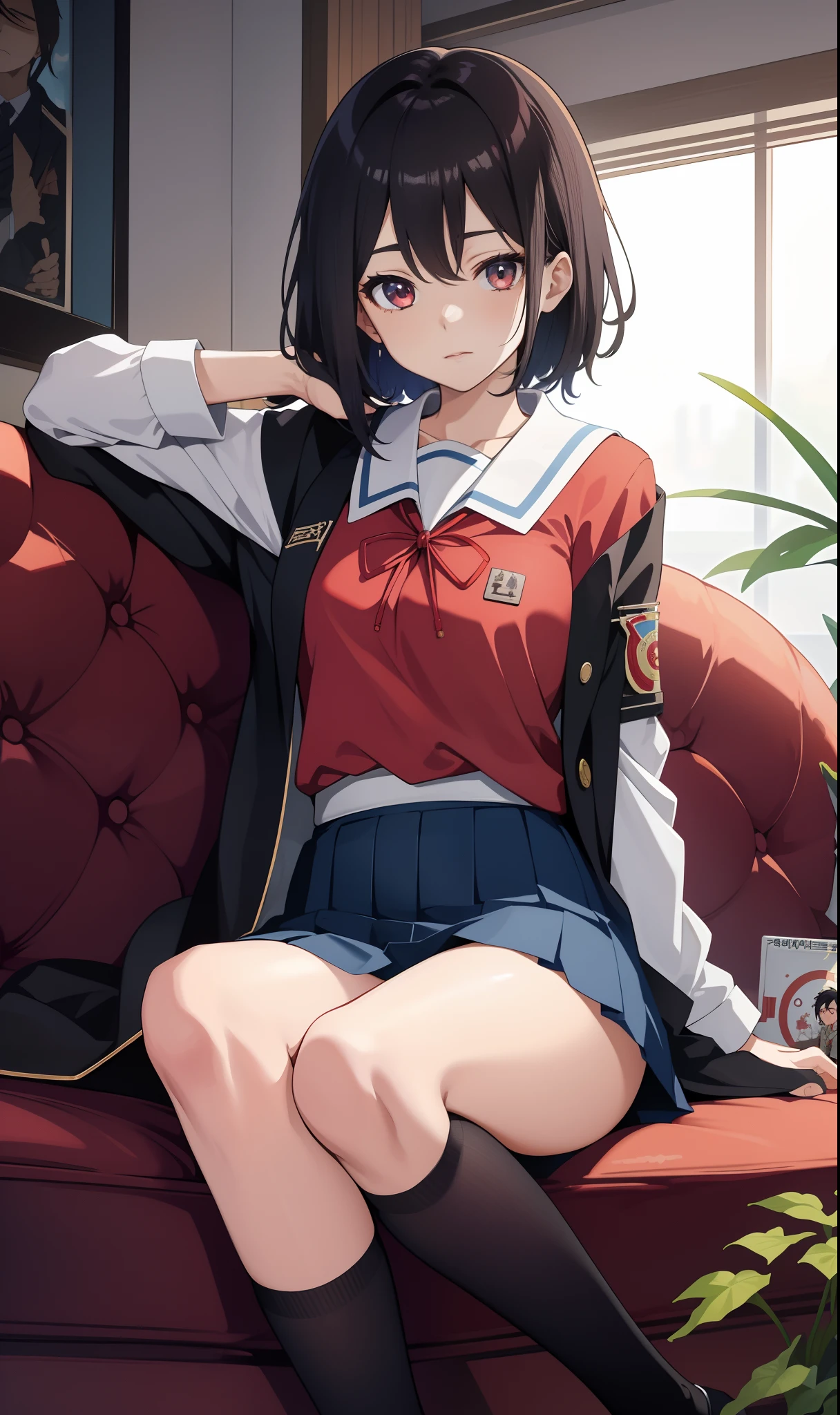 (there is a woman and a boy sitting on a couch:2,0), a picture by Shingei, pixiv, shin hanga, hi - res scan, hi-res scan, sitting on the couch, at pixiv, in anime style, sitting on the sofa, official art, made with anime painter studio, in an anime style, 8k!!,(Korean high school uniform with mini skirt),(anime style)