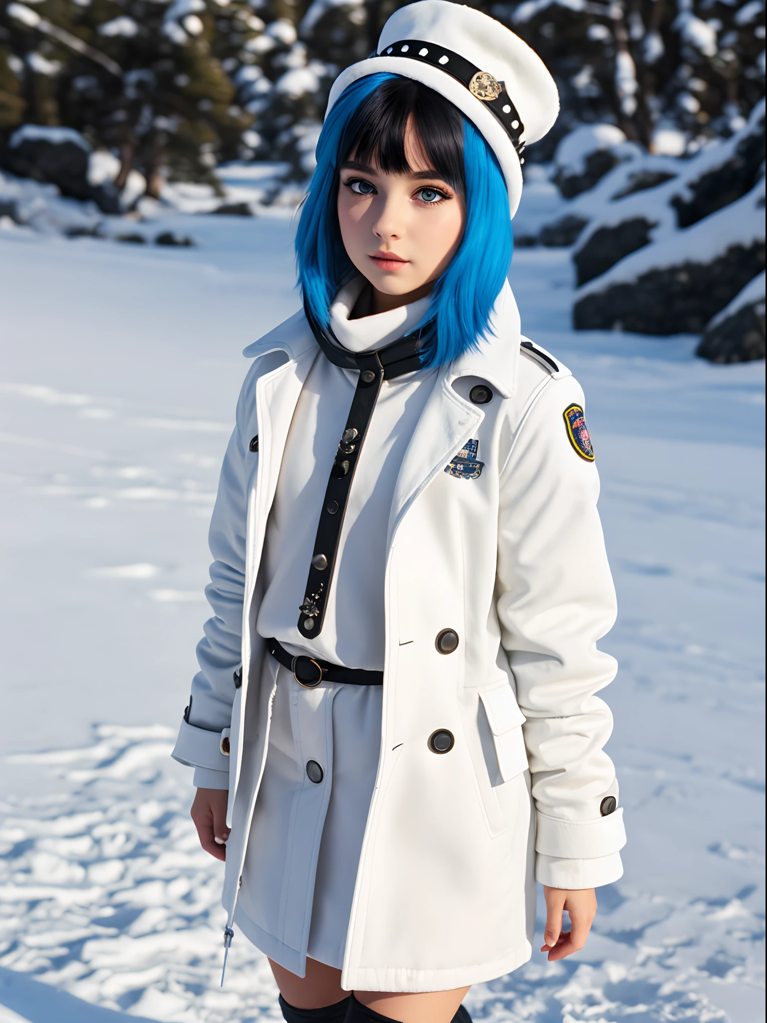 3D full body
Cool  girl with white seal hat with a cross on the right eye of the seal
Blue hair, blue eyes, sharp white eyelashes, exposed ears with five studs
A blue and white coat with a white scarf, a seal on his chest, a seal on his back, a black pleated skirt, and big boots
Five studs on his ears, and a bag strap on his hand