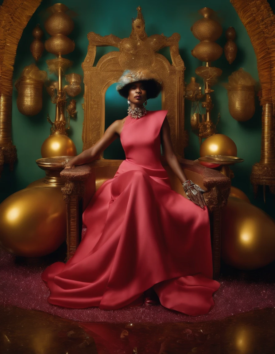 Master artwork，Ozimandiyas,official dior editorial, Tim Walker's style,(Best quality,4K,8K,A high resolution,Masterpiece:1.2),ultra - detailed(The attention to detail)British style(photo-realistic:1.37),An eye-catching fashion magazine(Studio lighting),The fantasy of psychedelic travel(sci-fy),Creative expression of designers(sportrait),The edges are dazzling(bold vibrant colours:1.2),Dazzling(luminous),on a throne of crystals, inspired by Toshiko Okanoue, David LaChapelle, sci-fi tibetan fashion,