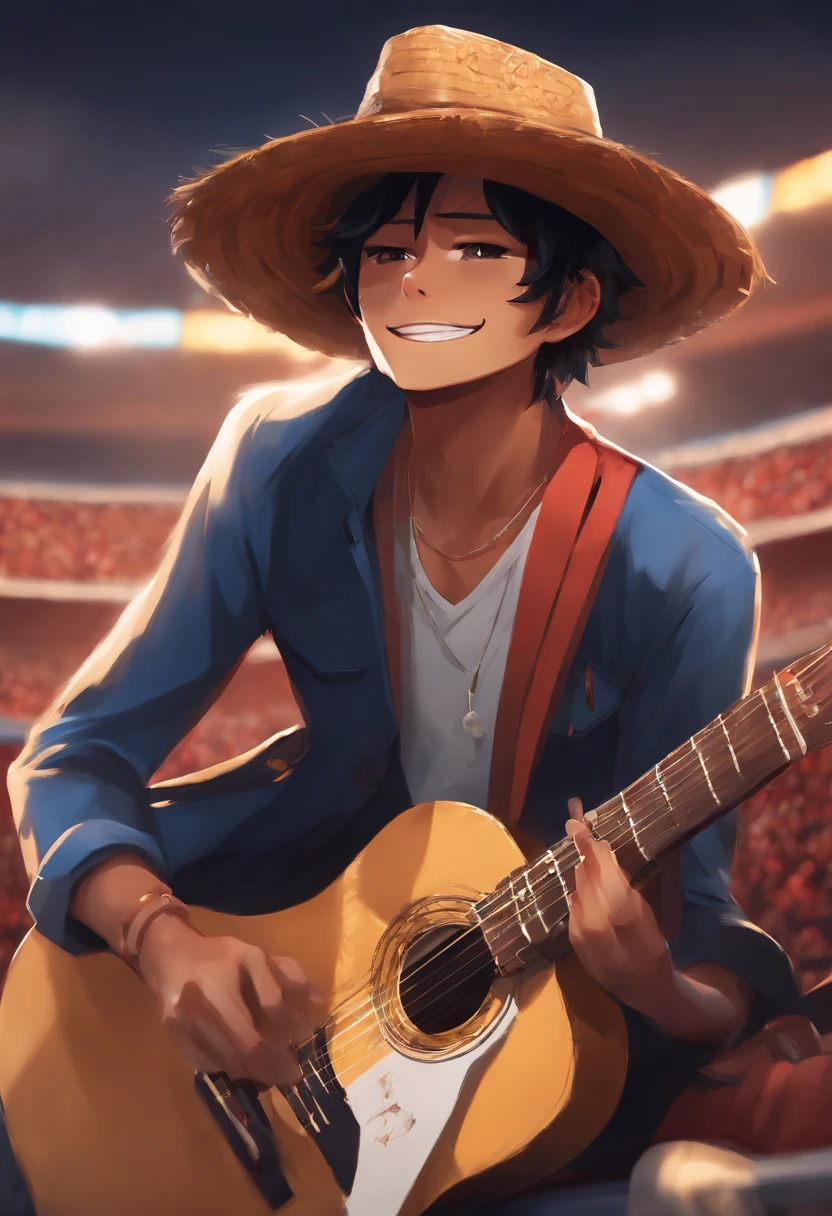 Luffy au chapeau de paille avec une guitare dans le stade avec des fans qui regardent, Fan art officiel, Fan Art, In the style of Atey Ghaïan, Concept Art de Single Boy, Very epic atmosphere, An epic anime by Tuff Luck, Concept of illustartion, Concept Art de guitare, Emotional Concept Art, Rob Rey et Kentaro Miura style, Atey Ghaïan 8 K, Stade de football