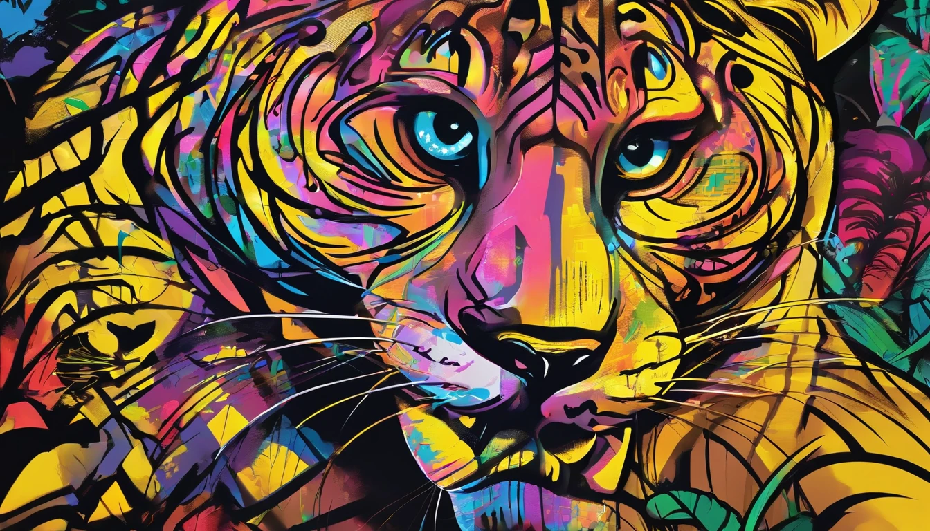 Graceful black cougar, bright yellow eyes 1.4, Tropical Rainforest, 2D art games, Detailed character expressions, close up, in the style of soft brushstroke realism, Dark and neon colors, ::1 neckline ::-0.5 --ar 2:3 - without splitting