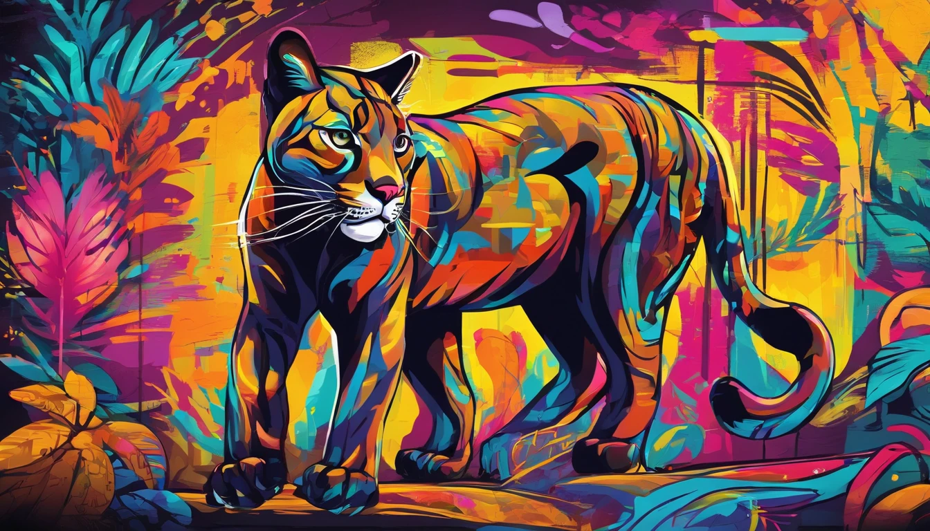 Graceful black cougar, bright yellow eyes 1.4, Tropical Rainforest,  2D art games, Detailed character expressions, close up, in the style of soft brushstroke realism, Dark and neon colors,  ::1 neckline ::-0.5 --ar 2:3 - without splitting