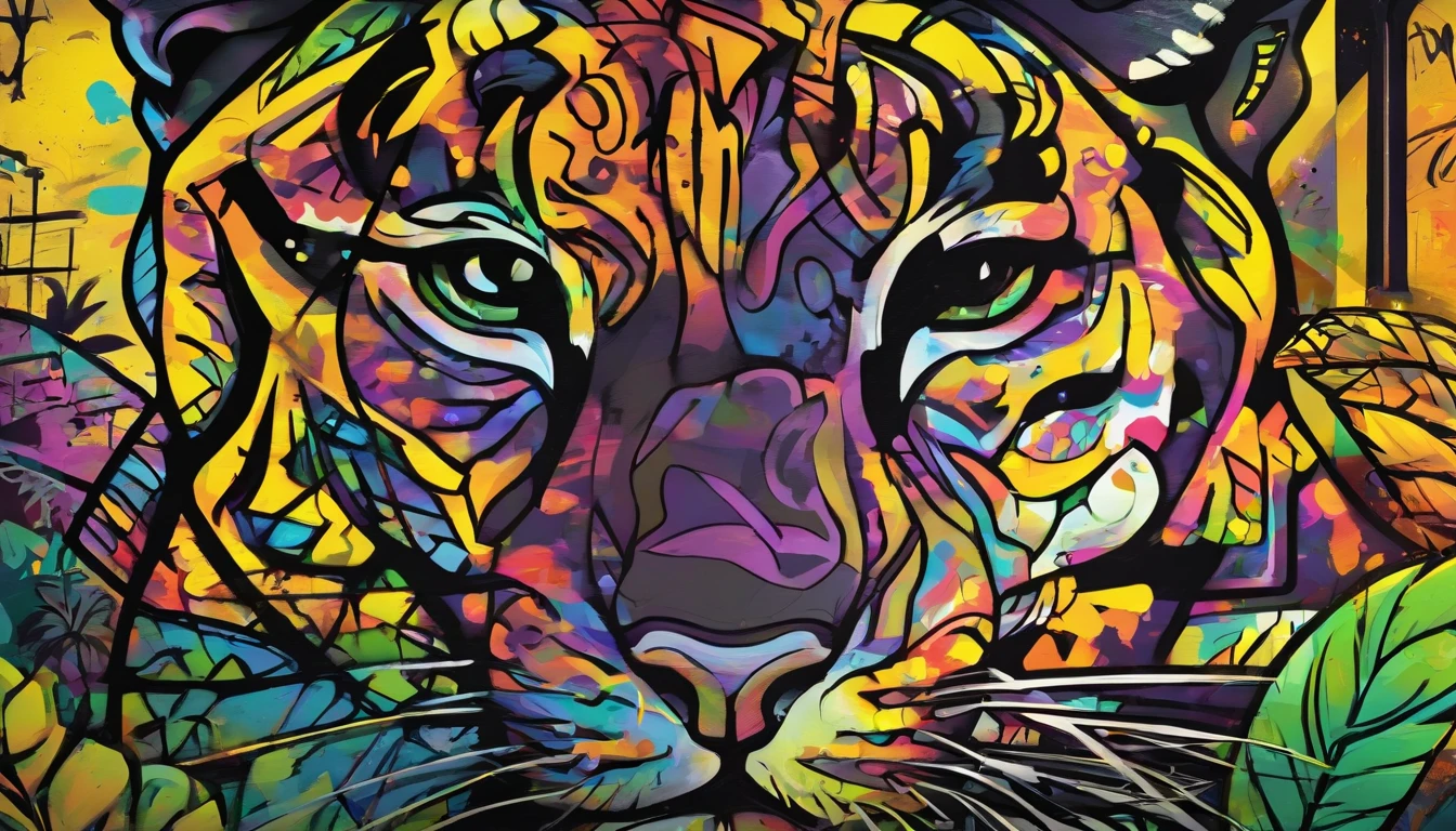 Graceful black cougar, bright yellow eyes 1.4, Tropical Rainforest, 2D art games, Detailed character expressions, close up, in the style of soft brushstroke realism, Dark and neon colors, ::1 neckline ::-0.5 --ar 2:3 - without splitting