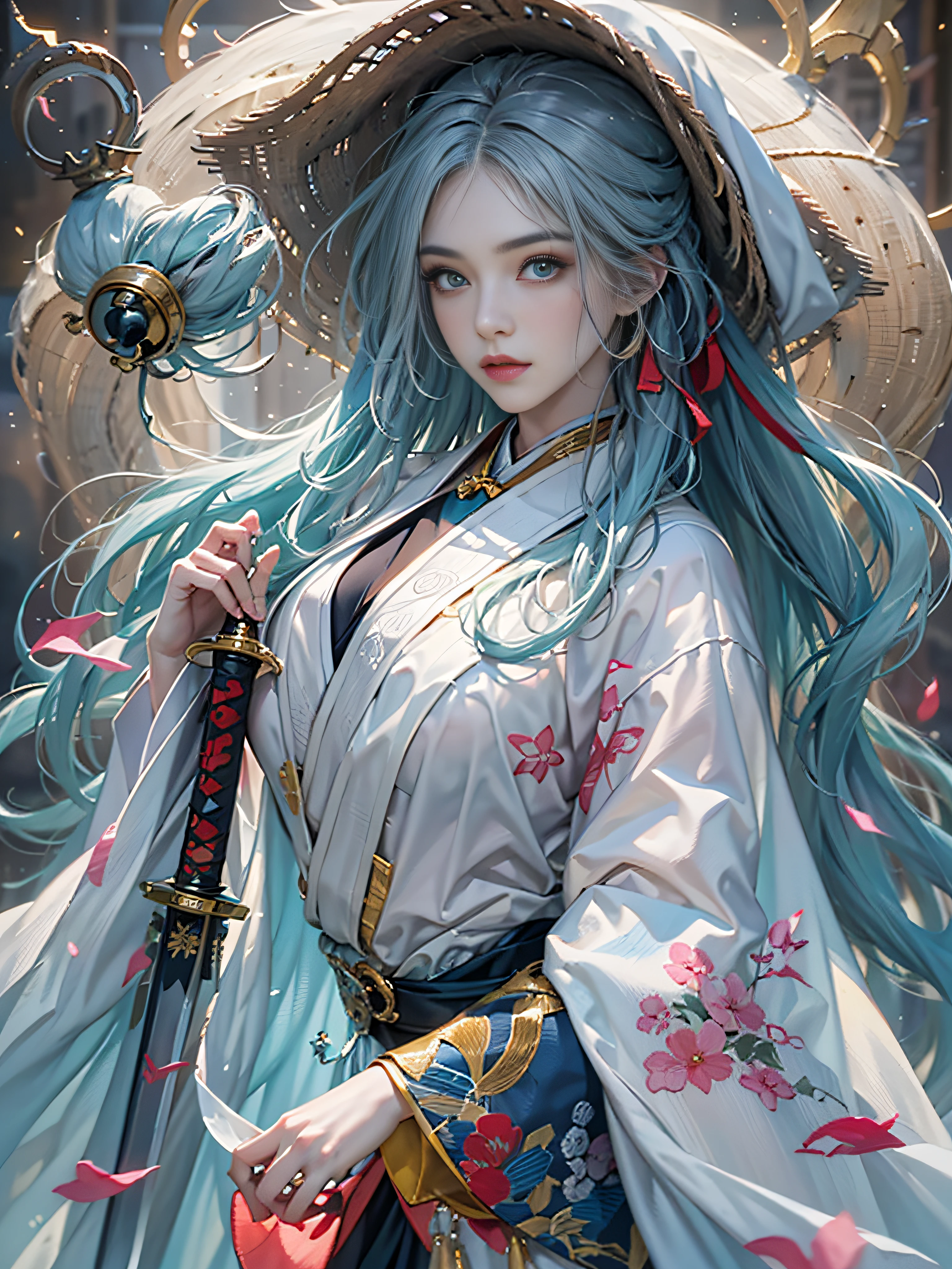 （（Jeizuo））），（（（best qualit））），（（ultra-detailliert）），（A hyper-realistic），（High Definition CG Illustration），Movie Light，Lifelike，（ganyu），Very beautiful young lady，Whirlwind，A bell hangs on his chest，（Beautiful face and lips），Light makeup，Intricate Details EBA，lightblue hair，blue cloak，Popular on ArtStation，Big thighs，fully body photo、Japanese Katana Sword、Japanese dress、Colossal tits、A bell hangs on his chest、Japanese style costume