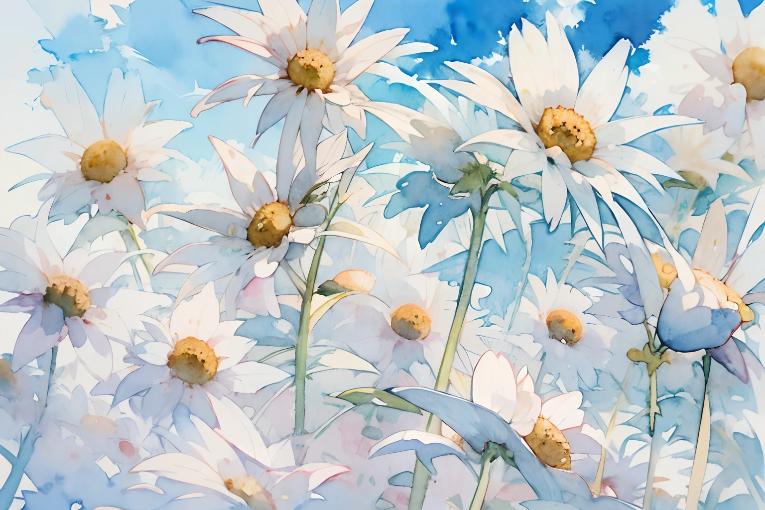 ((masutepiece)), (Professional Photography:1.2), (High Definition:1.3), Best Quality, (watercolor painting:1.3), wide shot, vivid blue sky, summer days, (simple white background:1.10), pale blue