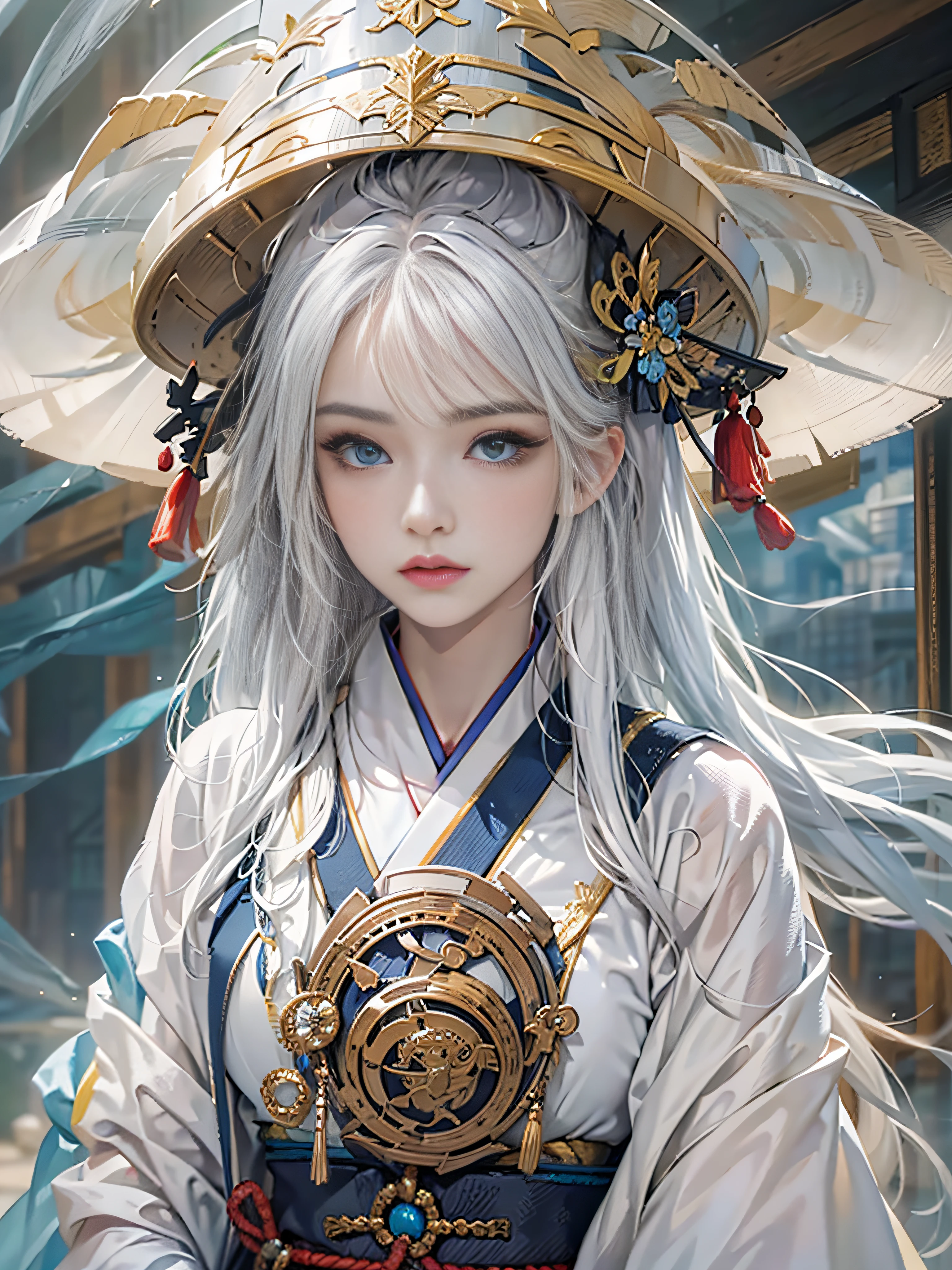 Photorealistic, masutepiece, Photorealistic, High resolution, Soft light, hips up high, Blue eyes, White hair, Long hair, Intricate details EABA, cloaks, spear, Samurai, armor, Japanese Katana Sword, Warrior, Samurai Helmet、beautiful anime woman, anime goddess, keqing from genshin impact, a beautiful fantasy empress、A bell hangs on his chest、Japanese style costume huge udder Colossal tits