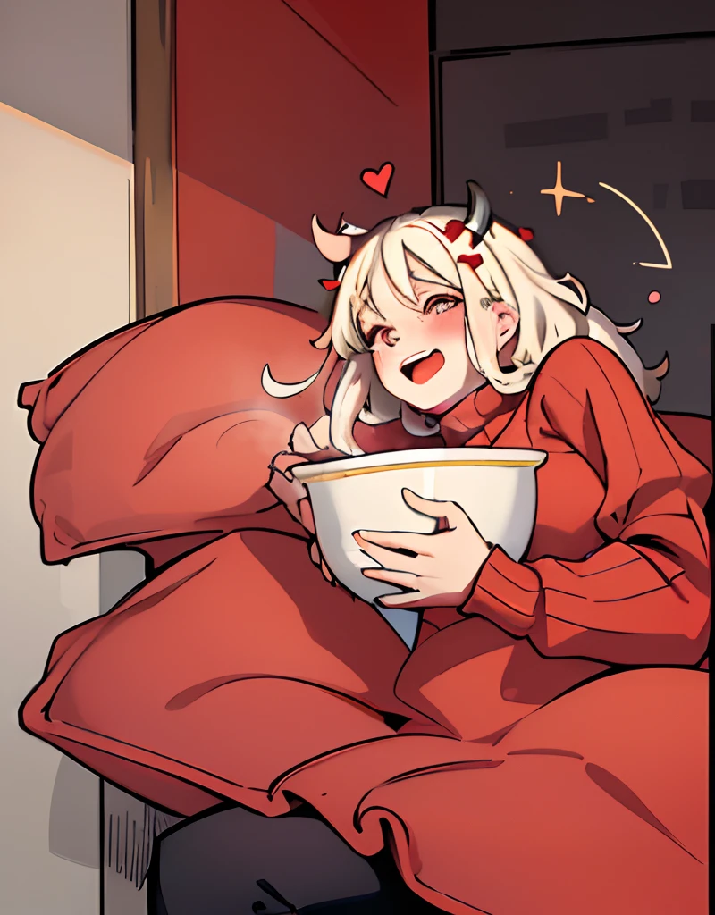 (masterpiece, best quality:1.2), volumetric lighting, cowboy shot, solo, 1girl, htmodeus, blush, open mouth, laughing, happy, looking at viewer, holding bowl of popcorns, heart-shaped pupils, informal, red sweater, turtleneck, sleeves past wrists, black shorts