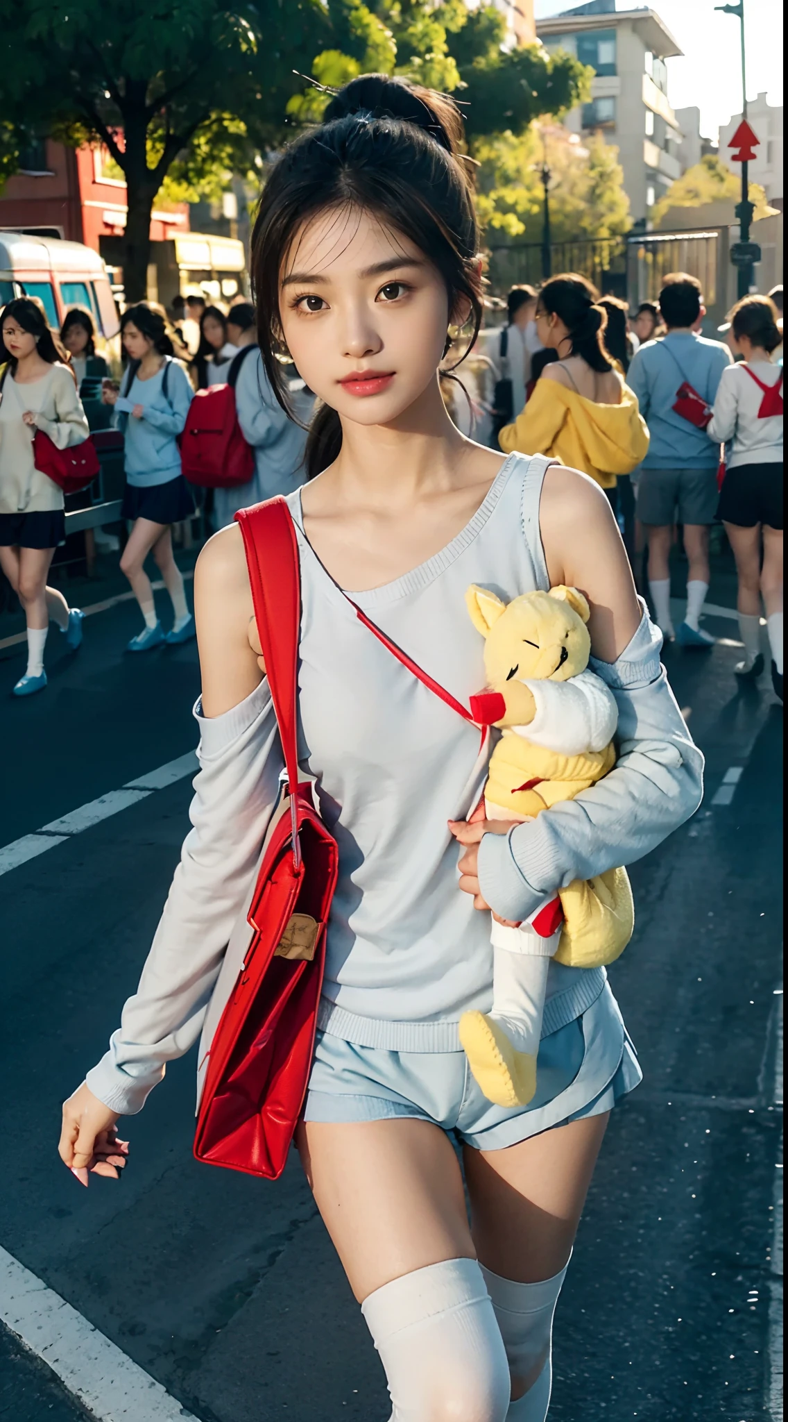 (shoulder length straight short black hair: 1.3), （Extremely meticulous CG 8k wallpaper），（Extremely refined and beautiful），（Masterpiece），（best qualtiy：1.0），（Ultra High Resolution：1.0），beautiful light up，Perfect lightning，realistic shaded，[A high resolution]，Smooth and flawless fair skin，Extremely exquisite facial details，（perfect body：1.1），ultra - detailed，A beautiful girl，small head，(Small breasts:1.1)，Flat chests，slim，thin，Smile，cheerfulness，(Maxi long-sleeve round-neck off yellow sweatshirt:1.5），（Light gray mini shorts:1.3),Slender legs,(White socks, light blue slippers:1.5),autumn，Dusk,Sunset light，Close Shot，Surrounded by a crowded crowd，At the school gate，Crossing the road, running,(short ponytail:1.2)sideways,（Light blue medical mask：1.3),(Carrying a red schoolbag on one shoulder:1.5)