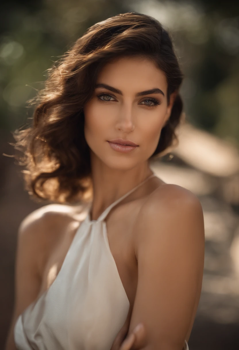 Hermosa mujer, 1 chica, Mujer de pelo blanco, close up if her face, Postura de lucha, Pantimedias negras, Guantes negros, Sujetador deportivo, jewely, Muslos J. cana, Bits, asymmetric hair, (((Ropa ajustada, see through, camello, bodysuit)))
