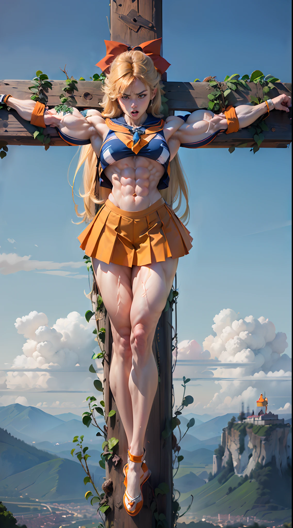 (((Female Bodybuilders)))、(((Super muscular body)))、(thick neck)、((Muscular neck))、((sailorvenus))、(a beauty girl)、angry expressions、Girl in short skirt on cross on mountain background, goddes, the sailor galaxia、 Beautiful、abdominals、a navel、(((bare-legged)))、(((Colossal tits)))、((Huge thigh muscles)), (orange colors, Sailor Suit, Mini Pleated Skirt), Masterpieces