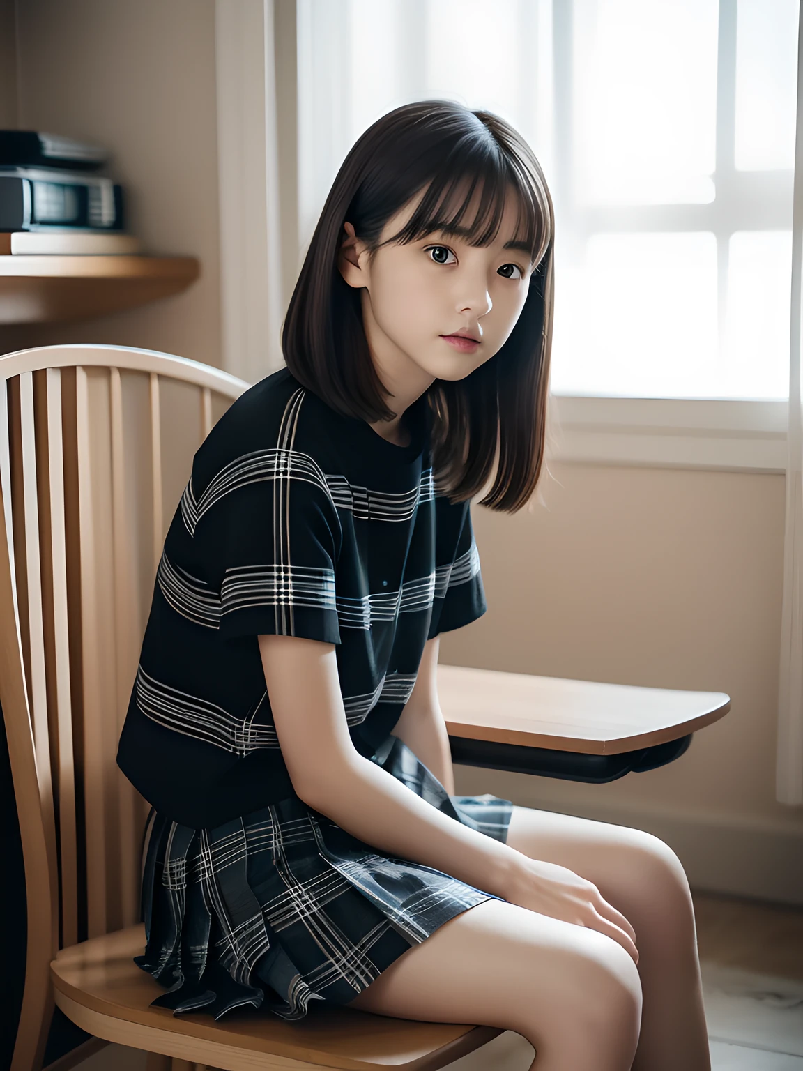 Sleep Performance,Sit in a study chair,Hands between legs,年轻,(Plaid pleated skirt),flat breast,Black short-sleeved T-shirt,parka,Pupils,teens girl,A dark-haired,delicate and petite body,in a house