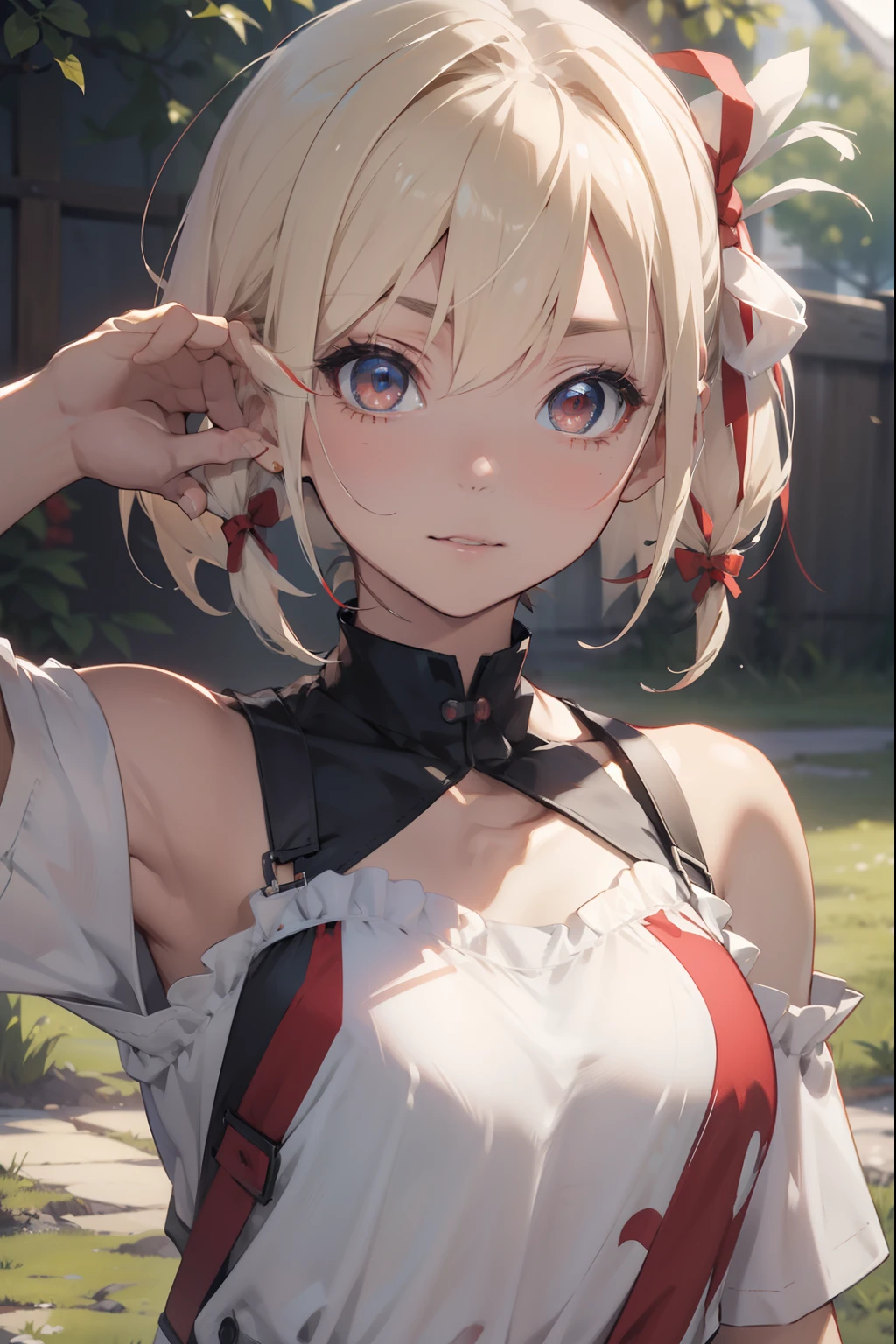 Chisatoniki, Senri, Short hair, Bangs, Blonde hair, (Red Eyes:1.5), Hair Ribbon, One side up, bob cuts,
BREAK shirt, Bare shoulders, Twin-tailed, 鎖骨, Hair Ribbon, White shirt, frilld, off shoulders, Red Ribbon, short twintails, off shoulder shirt, frill shirt,
BREAK outdoors, grass field,
BREAK looking at viewer, BREAK (masutepiece:1.2), Best Quality, High resolution, Unity 8k壁纸, (Illustration:0.8), (Beautiful detailed eyes:1.6), extra detailed face, Perfect Lighting, extremely details CG, (Perfect hands, Perfect Anatomy),