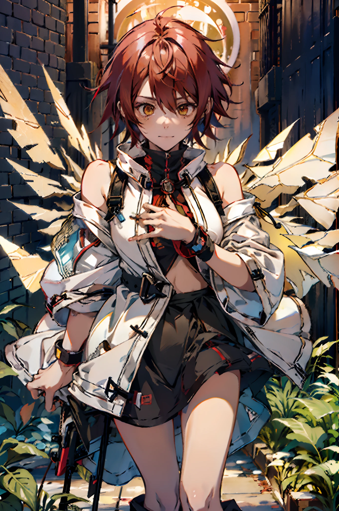 Pure sky，mechanical leg，Black mechanical legs，Plump legs，Red gem setting，Anime girl standing gracefully on the ground，Black cape and red hair, rogue anime girl, Anime girl standing, Wearing a cloak on the blasted plain, asuka suit under clothes!, angel girl, badass posture, mechanic punk outfit, anime styled 3d, render of a cute 3d anime girl, gapmoe yandere grimdark, Female character，musculature，Abs，glowing bright yellow eyes，Black hair with red gradient，short detailed hair，Bunched hair，Dull hair，（Muscle 2.0），Tomboyish，Be red in the face，looking at viewert，Elaborate Eyes，Black mechanical legs，huge tit，1.5，Put your hands in your pockets，ssmile，blacksilk，Straight big breasts，strappy，Black cutout miniskirt，White bandeau，Toothless smile，Lower breast，Mechanical wind，There are no cities，Side breasts，Excitation，Top crotch，Sexy lower abdomen，extremely large bosom，the wind blowing up the skirt，High-fork panties，looking at viewert，nabel，chest-hugging，The halo，dynamicposes，Tall anime girl，cropped shoulders，Clean and pure sky