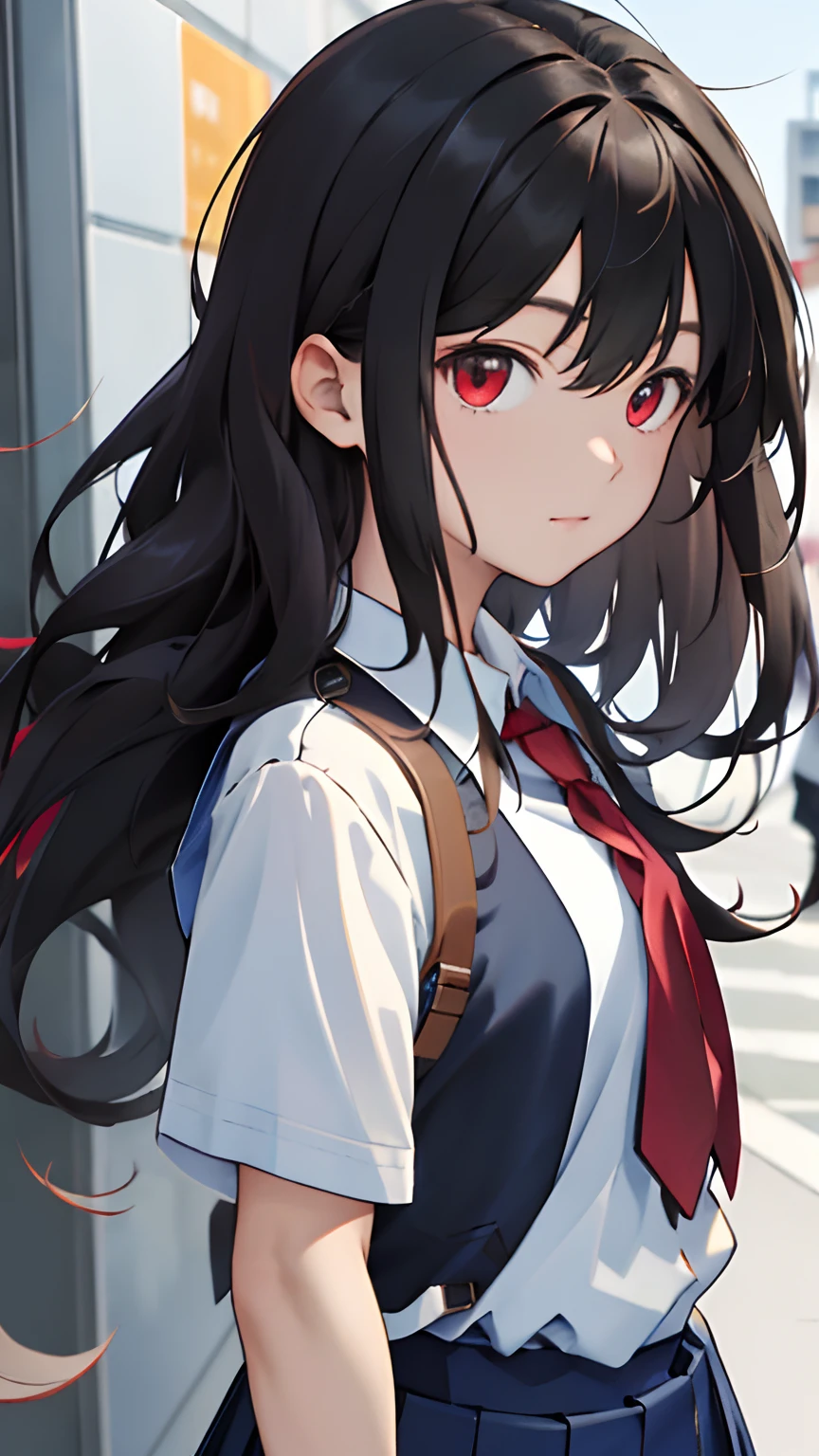 (masterpiece, best quality:1.2), looking at viewer, school uniform, (wavy hair:0.8), long hair, red eyes, upper body,