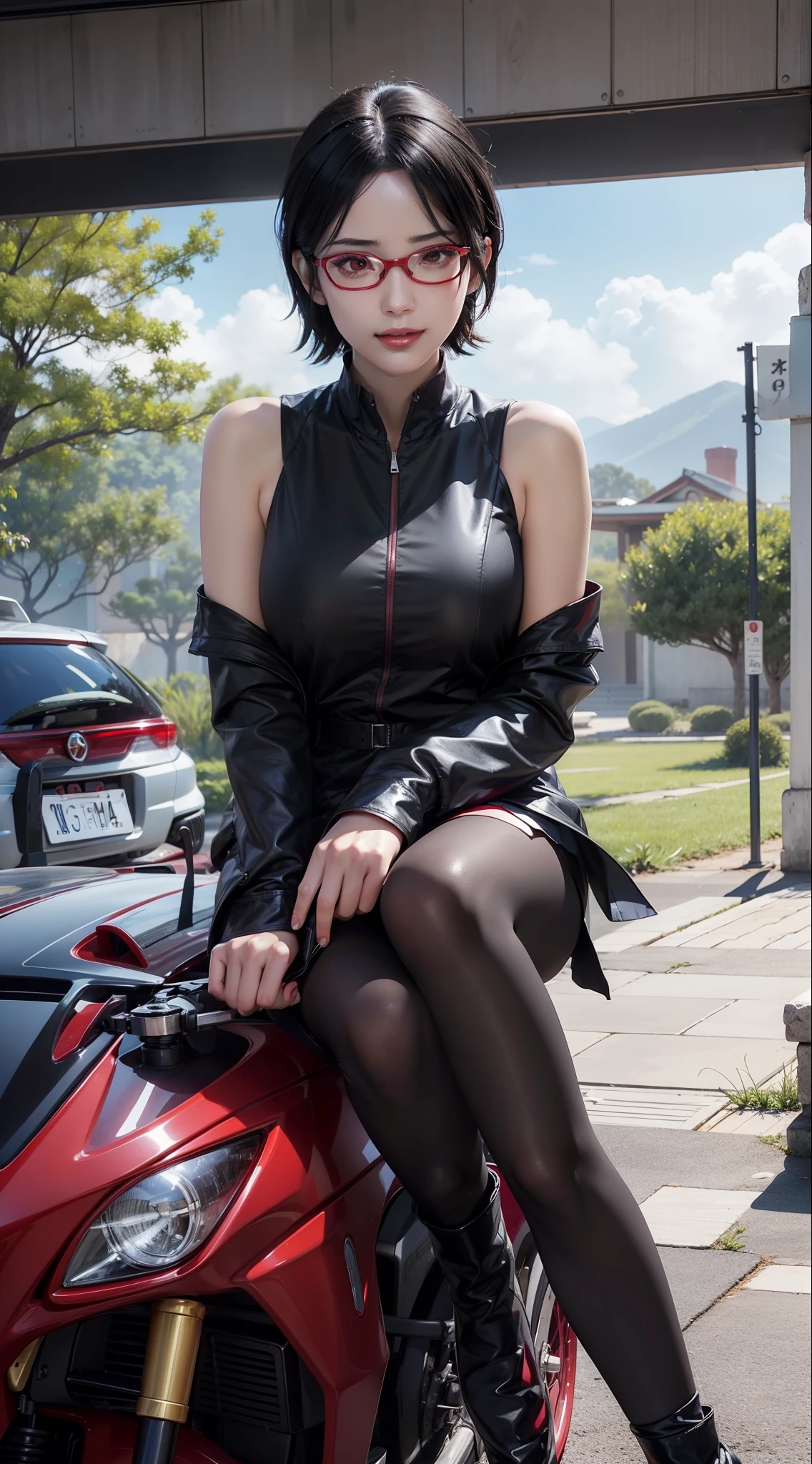 1girl, sarada uchiha in anime boruto, short hair, black hair, red eyes, smile, beautiful, sexy dress, sexy clothes, red clothes, wear red glasses, very big breast, realistic clothes, detail clothes, outdoor background, ultra detail, realistic