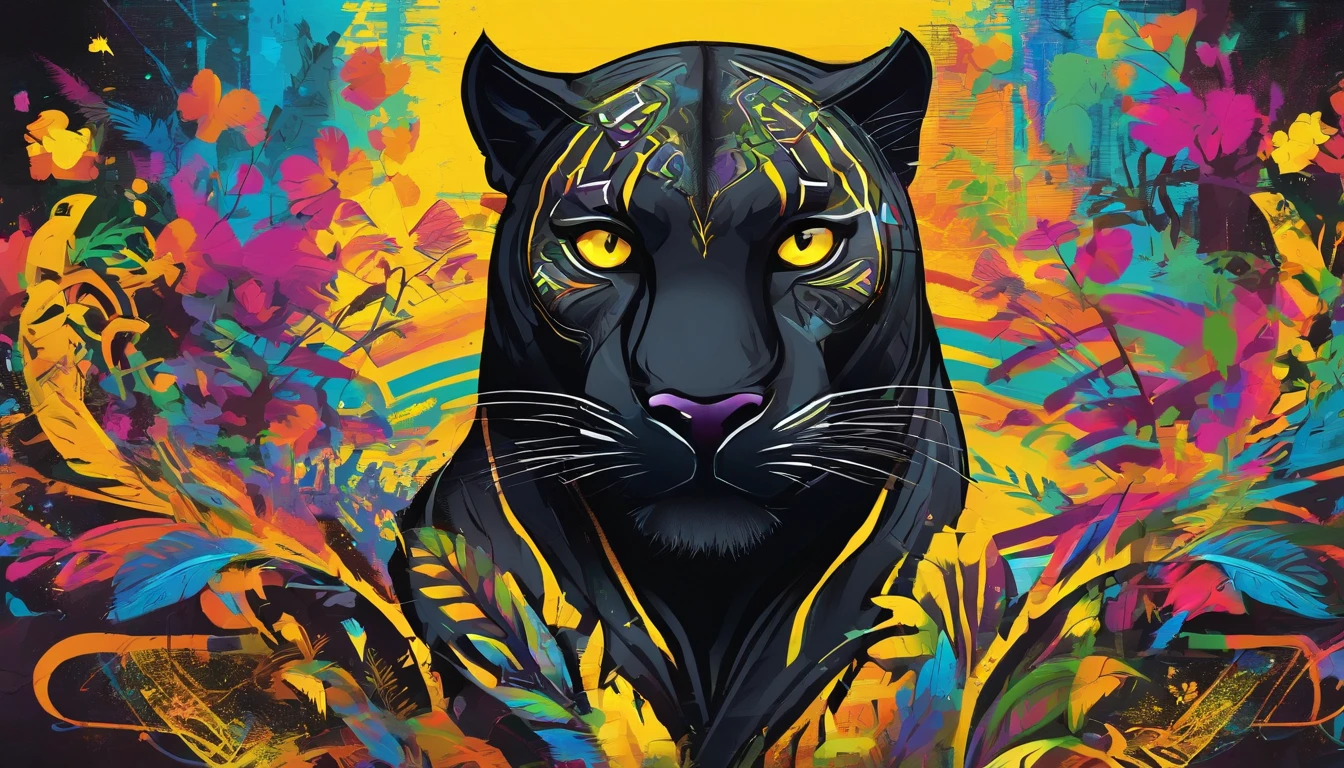 Graceful Black Panther, bright yellow eyes 1.4, Tropical Rainforest, 2D art games, Detailed character expressions, close up, in the style of soft brushstroke realism, Dark and neon colors, ::1 neckline ::-0.5 --ar 2:3 - without splitting